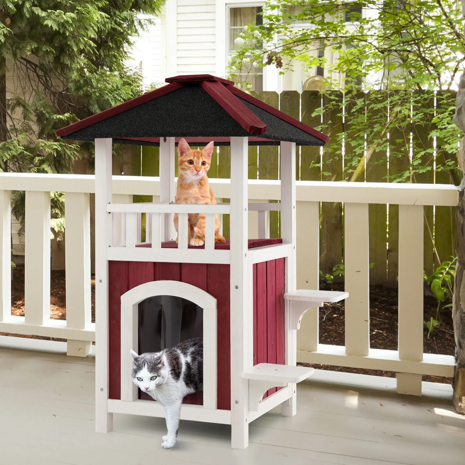 2-Story Wooden Cat House, Asphalt Roof Balcony, White, Red - Image 2