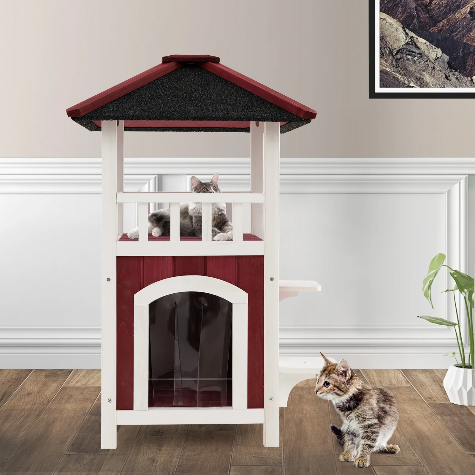 2-Story Wooden Cat House, Asphalt Roof Balcony, White, Red - Image 3