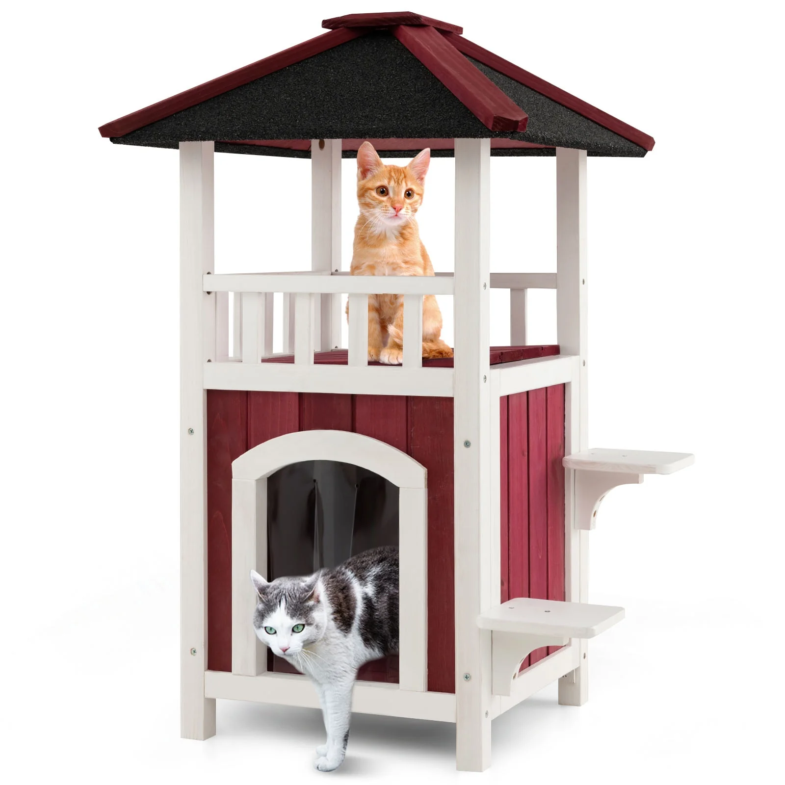 2-Story Wooden Cat House, Asphalt Roof Balcony, White, Red - Image 4