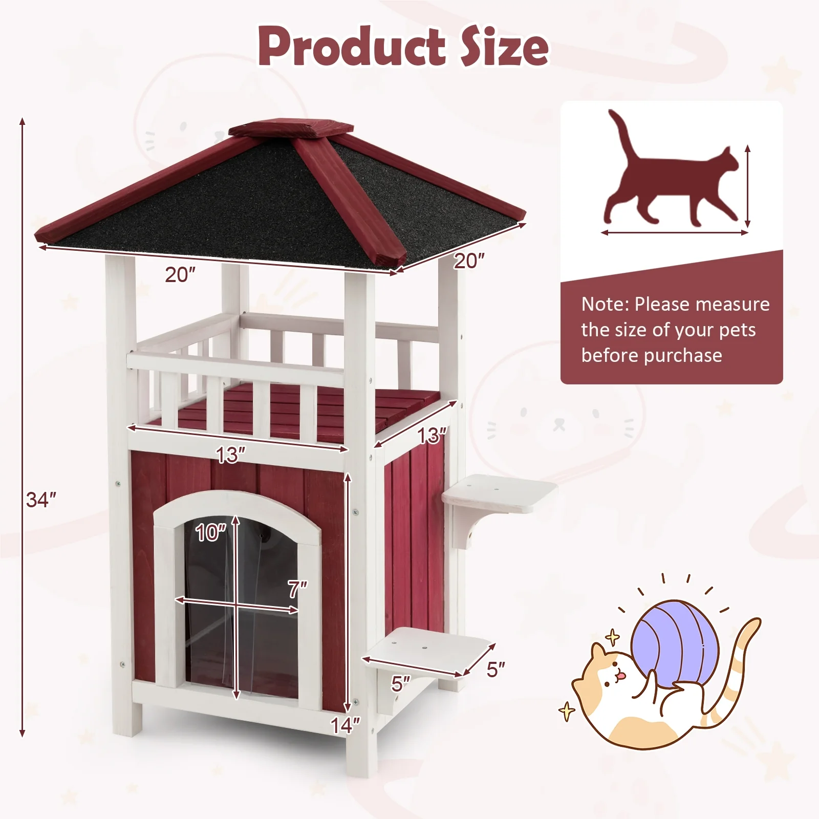 2-Story Wooden Cat House, Asphalt Roof Balcony, White, Red - Image 5