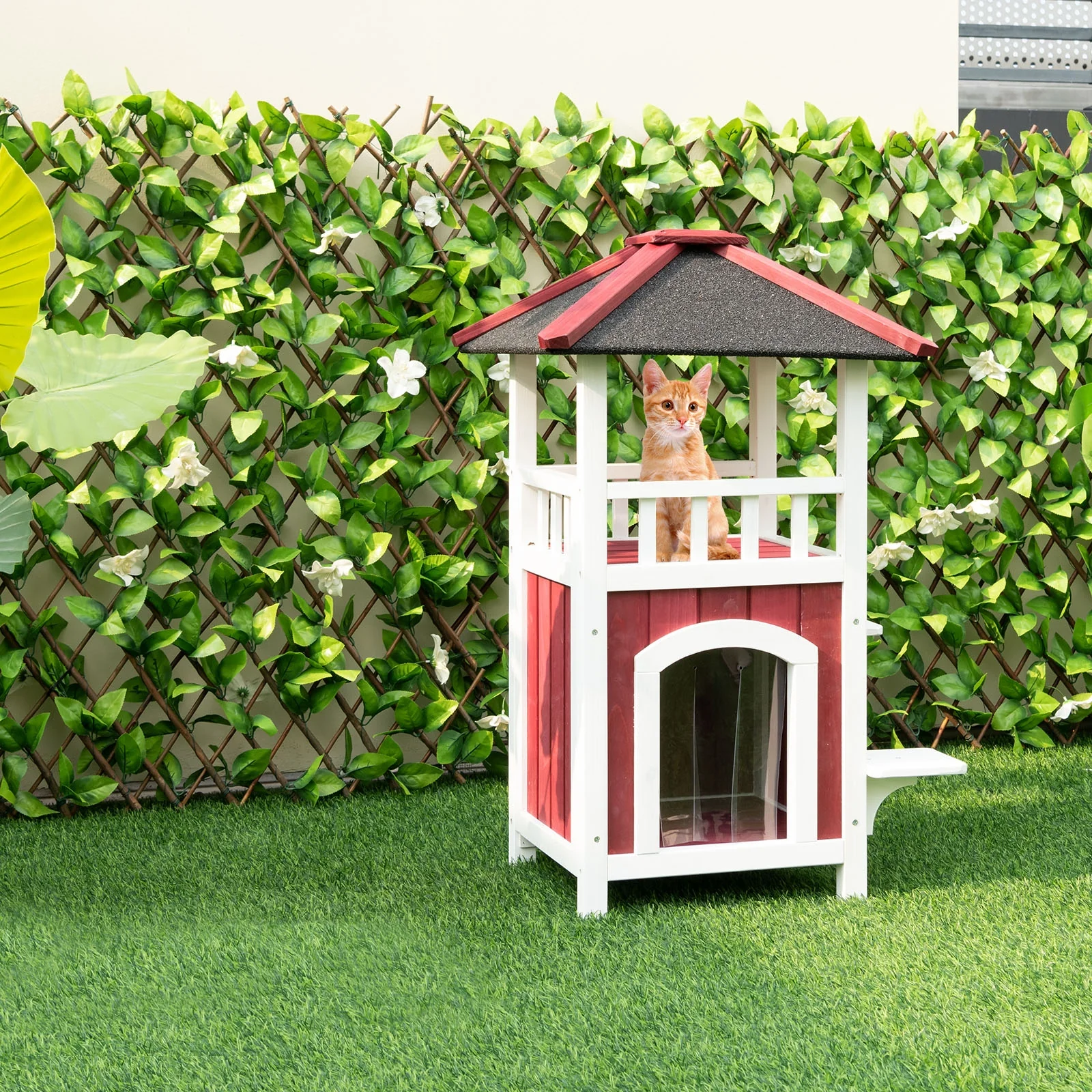 2-Story Wooden Cat House, Asphalt Roof Balcony, White, Red - Image 6