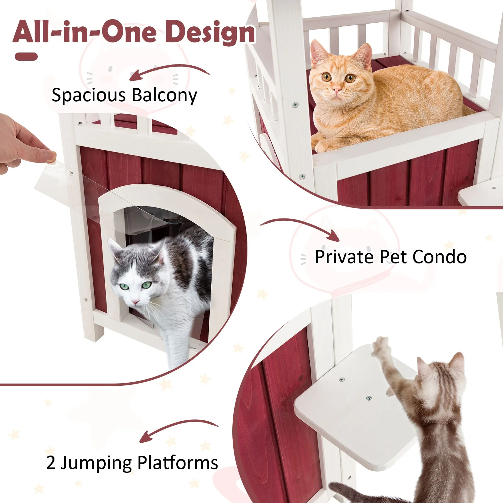 2-Story Wooden Cat House, Asphalt Roof Balcony, White, Red - Image 7