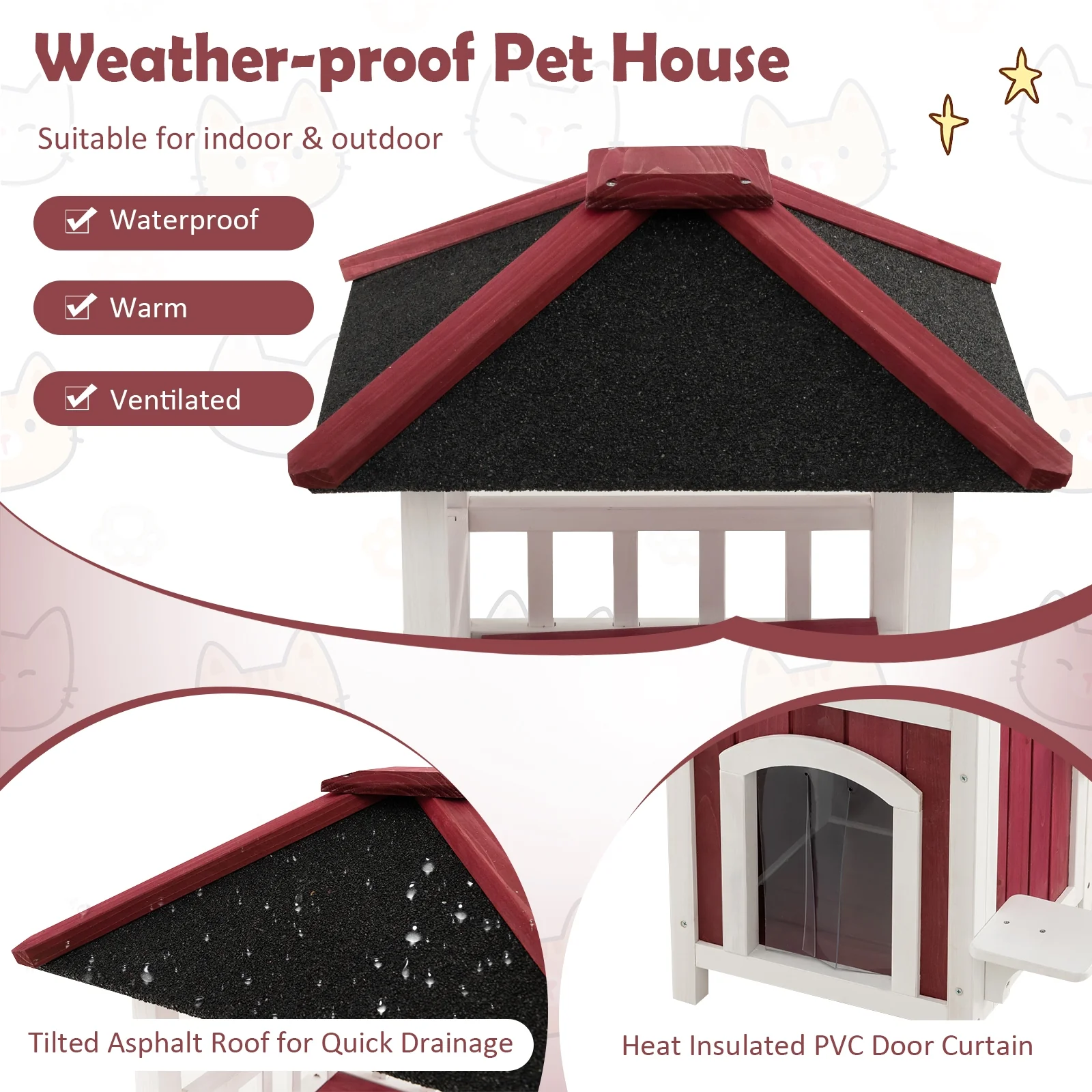 2-Story Wooden Cat House, Asphalt Roof Balcony, White, Red - Image 8