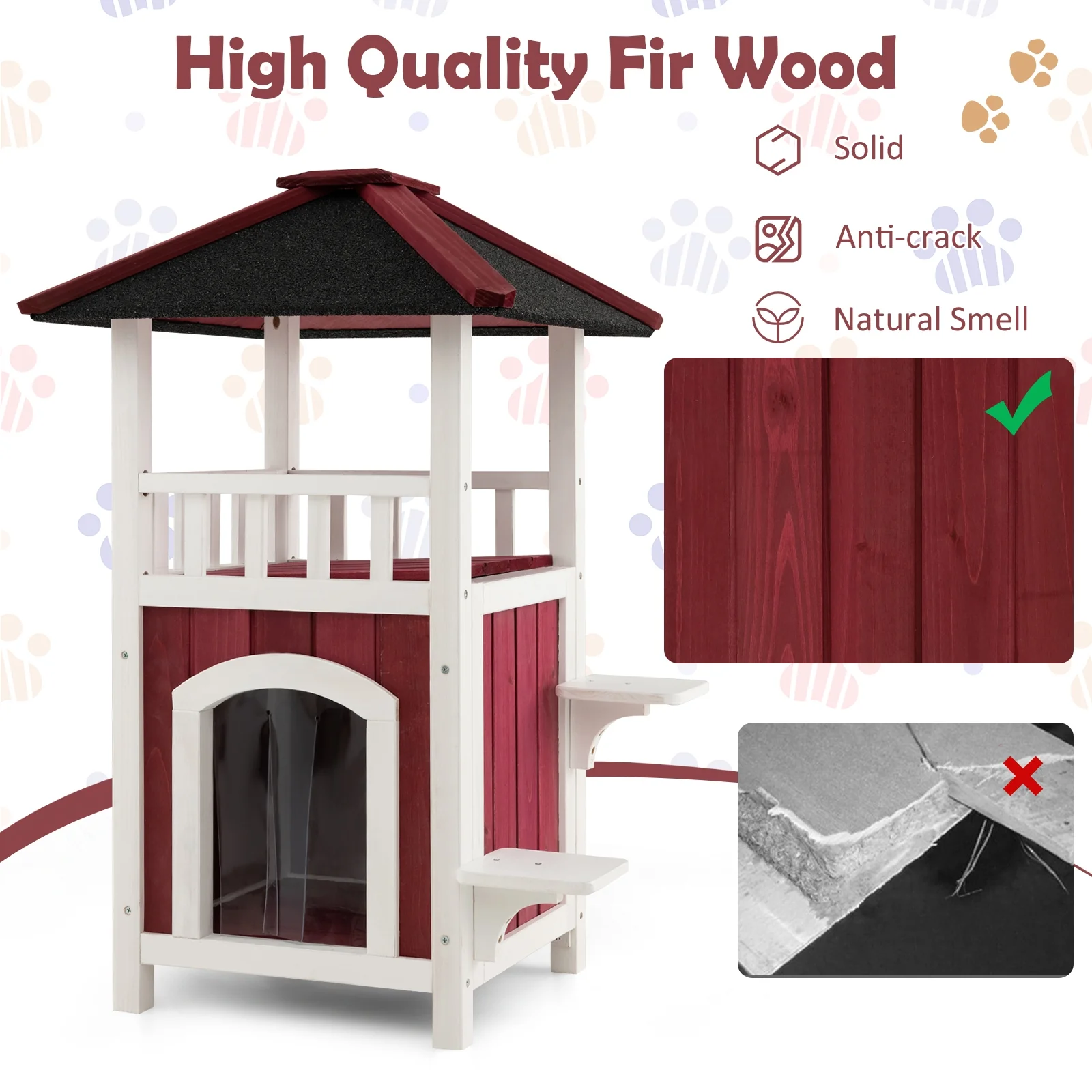2-Story Wooden Cat House, Asphalt Roof Balcony, White, Red - Image 9