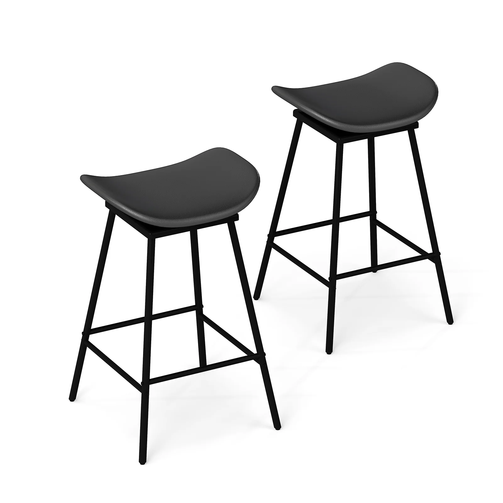 2 Swivel Barstools, Faux Leather, Backless With Footrest, Black - Image 4