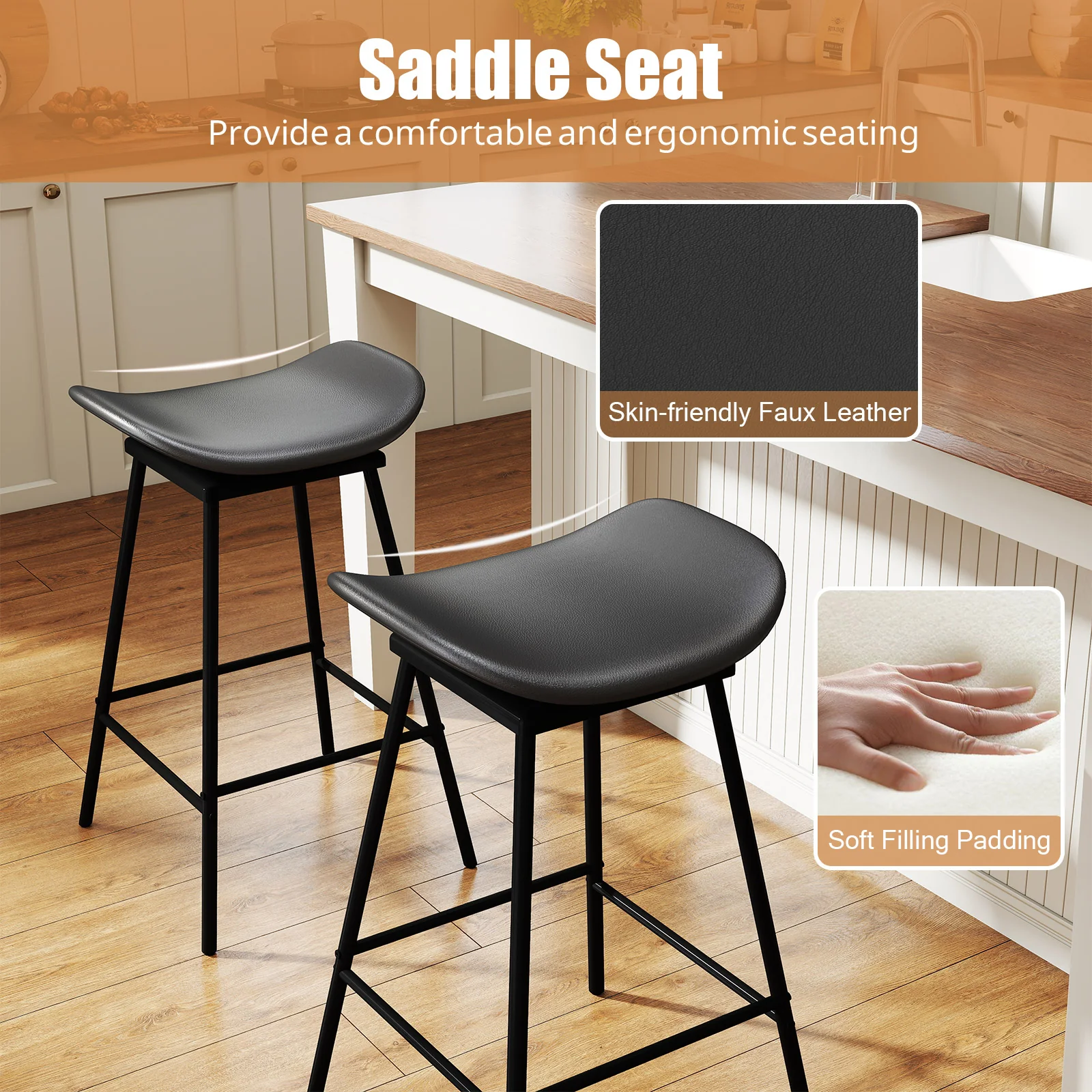 2 Swivel Barstools, Faux Leather, Backless With Footrest, Black - Image 7