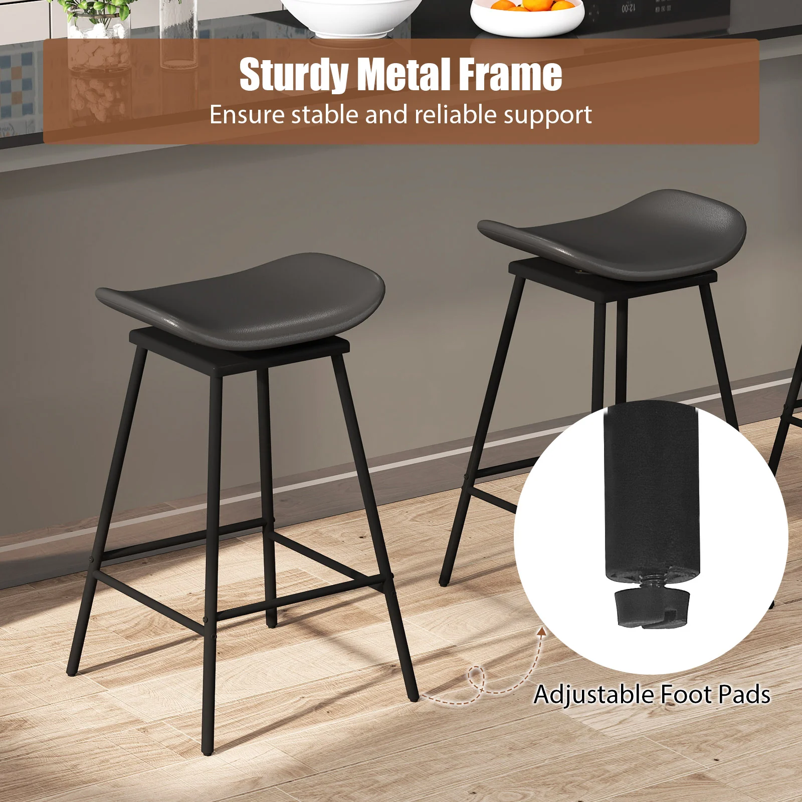 2 Swivel Barstools, Faux Leather, Backless With Footrest, Black - Image 9