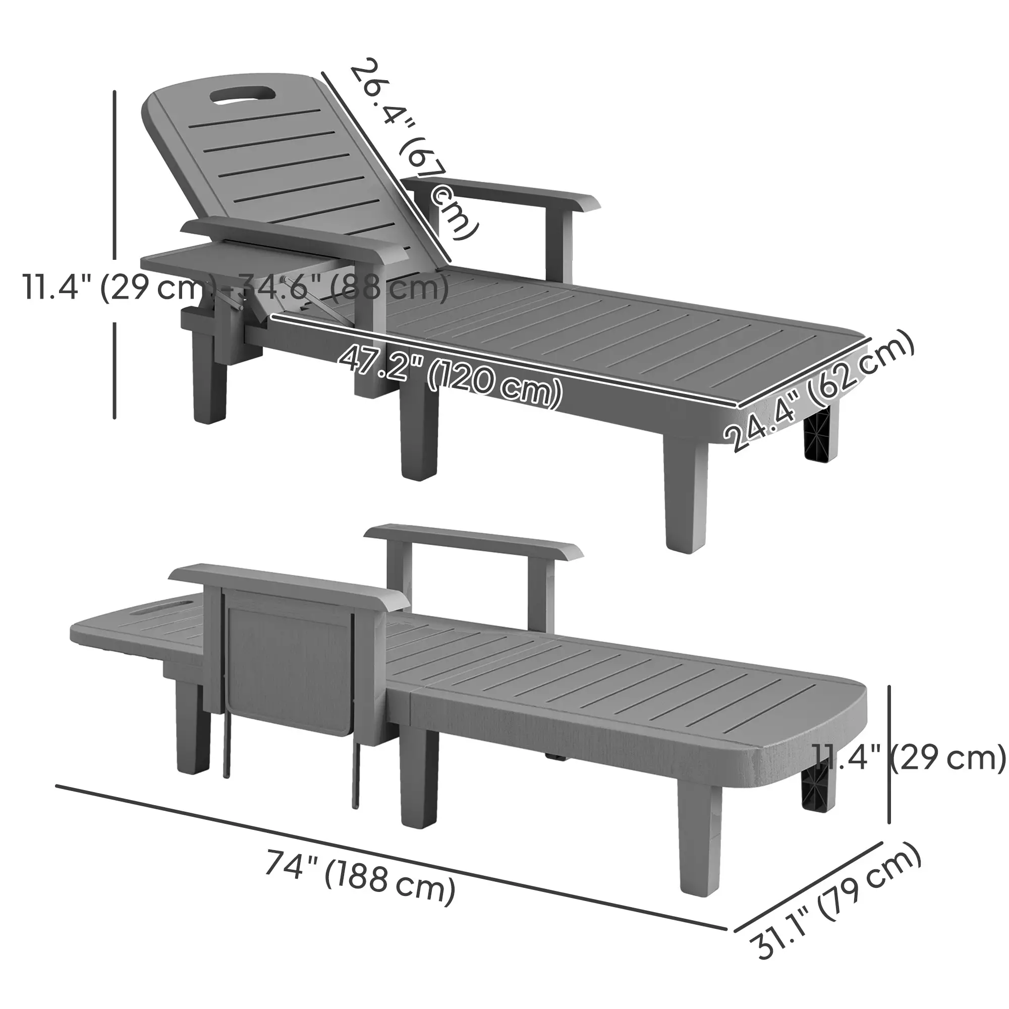 2 Tanning Chairs, 5 Position Adjustable, Foldable Side Table, Dark Grey - Image 3