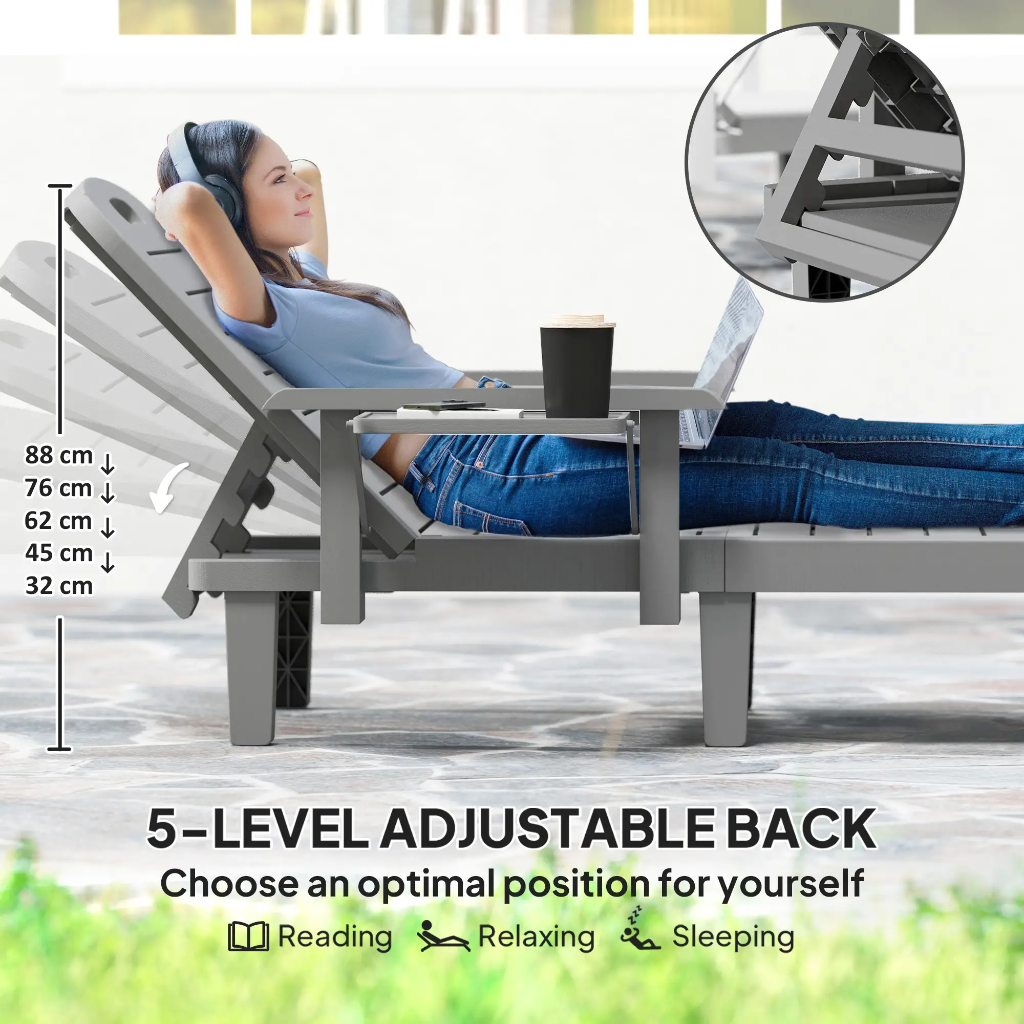 2 Tanning Chairs, 5 Position Adjustable, Foldable Side Table, Dark Grey - Image 4