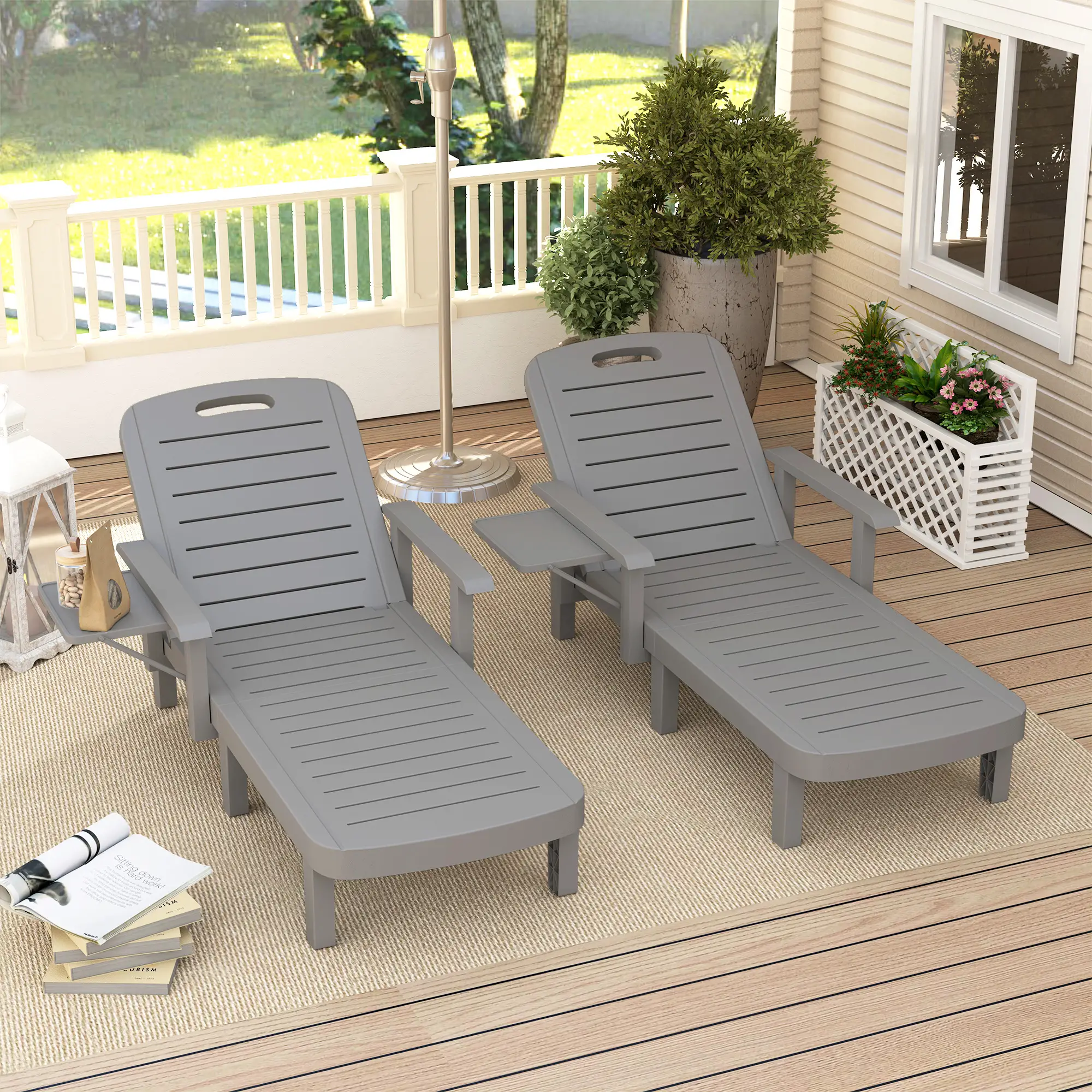 2 Tanning Chairs, 5 Position Adjustable, Foldable Side Table, Dark Grey - Image 8