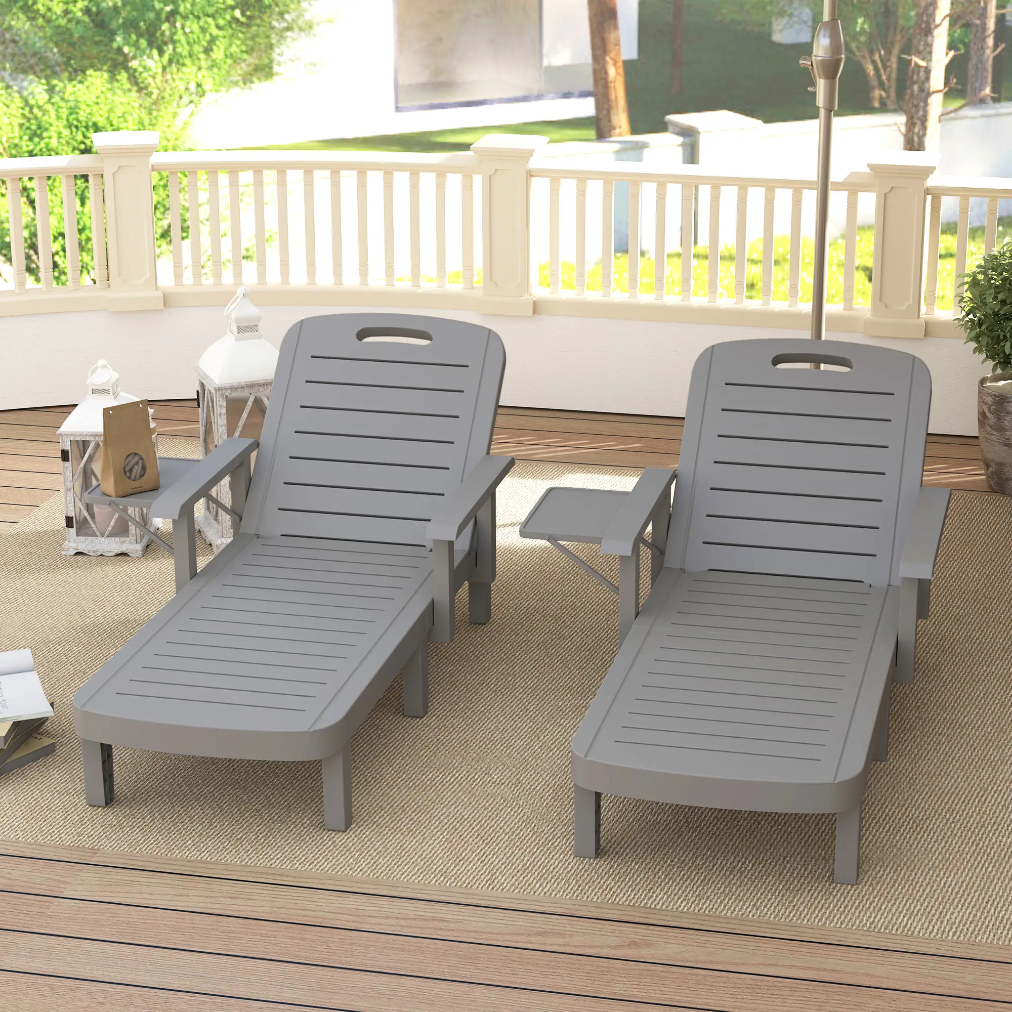 2 Tanning Chairs, 5 Position Adjustable, Foldable Side Table, Dark Grey - Image 9