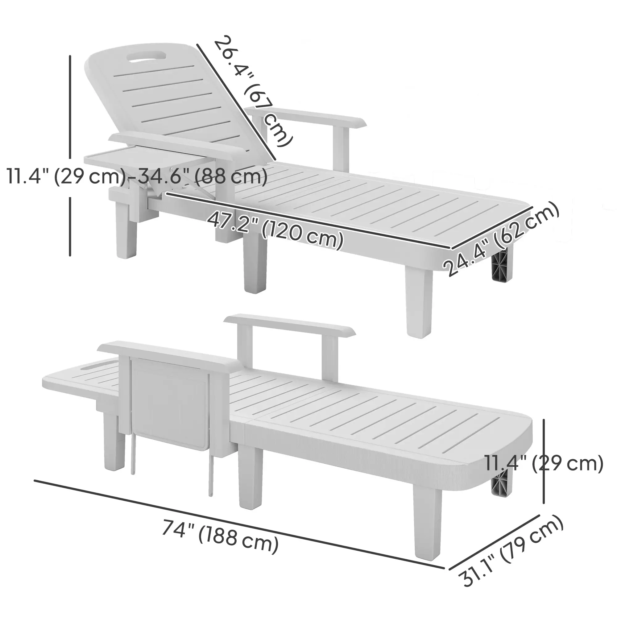 2 Tanning Chairs, 5 Position Adjustable, Foldable Side Table, White - Image 3