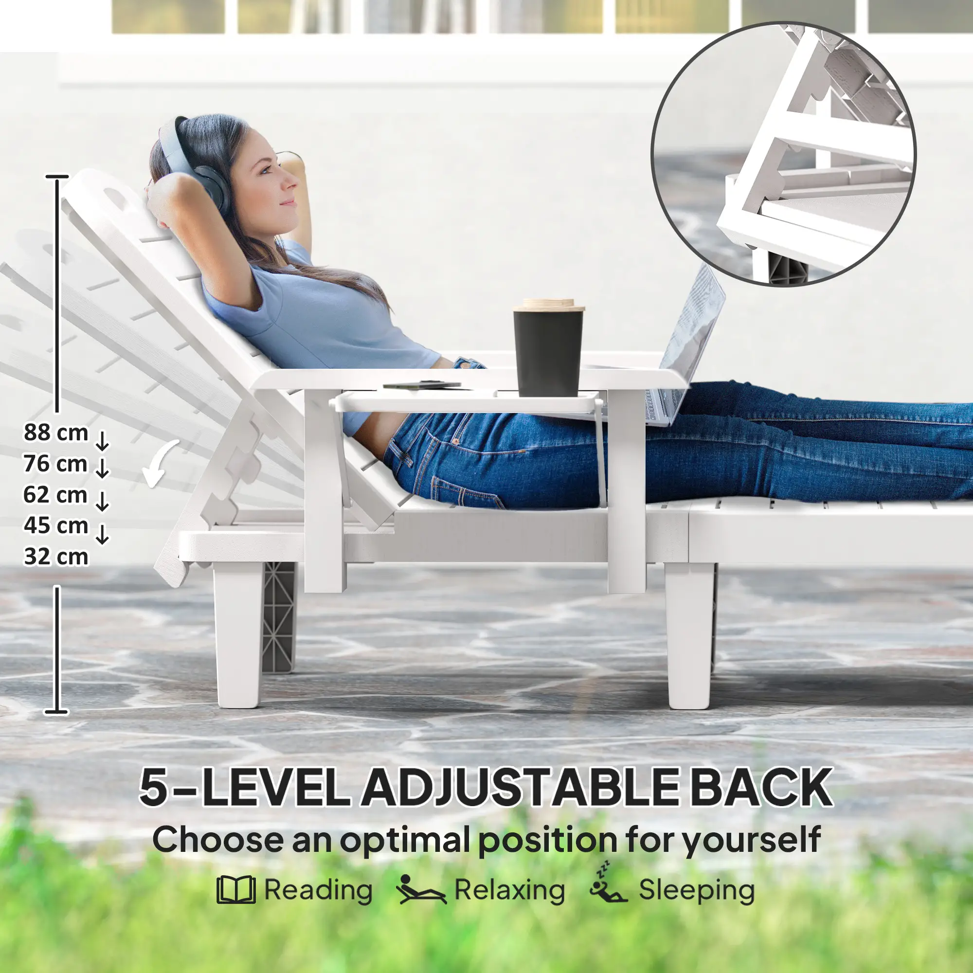 2 Tanning Chairs, 5 Position Adjustable, Foldable Side Table, White - Image 4