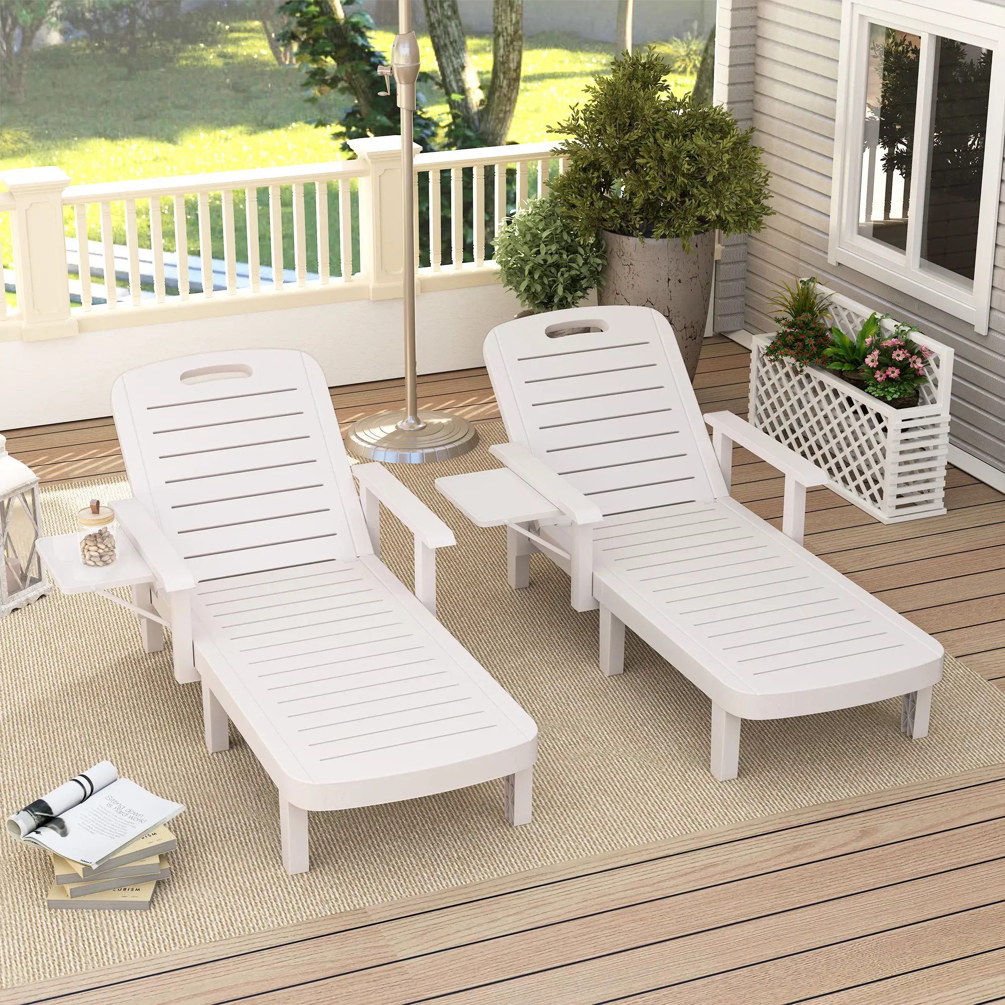2 Tanning Chairs, 5 Position Adjustable, Foldable Side Table, White - Image 8