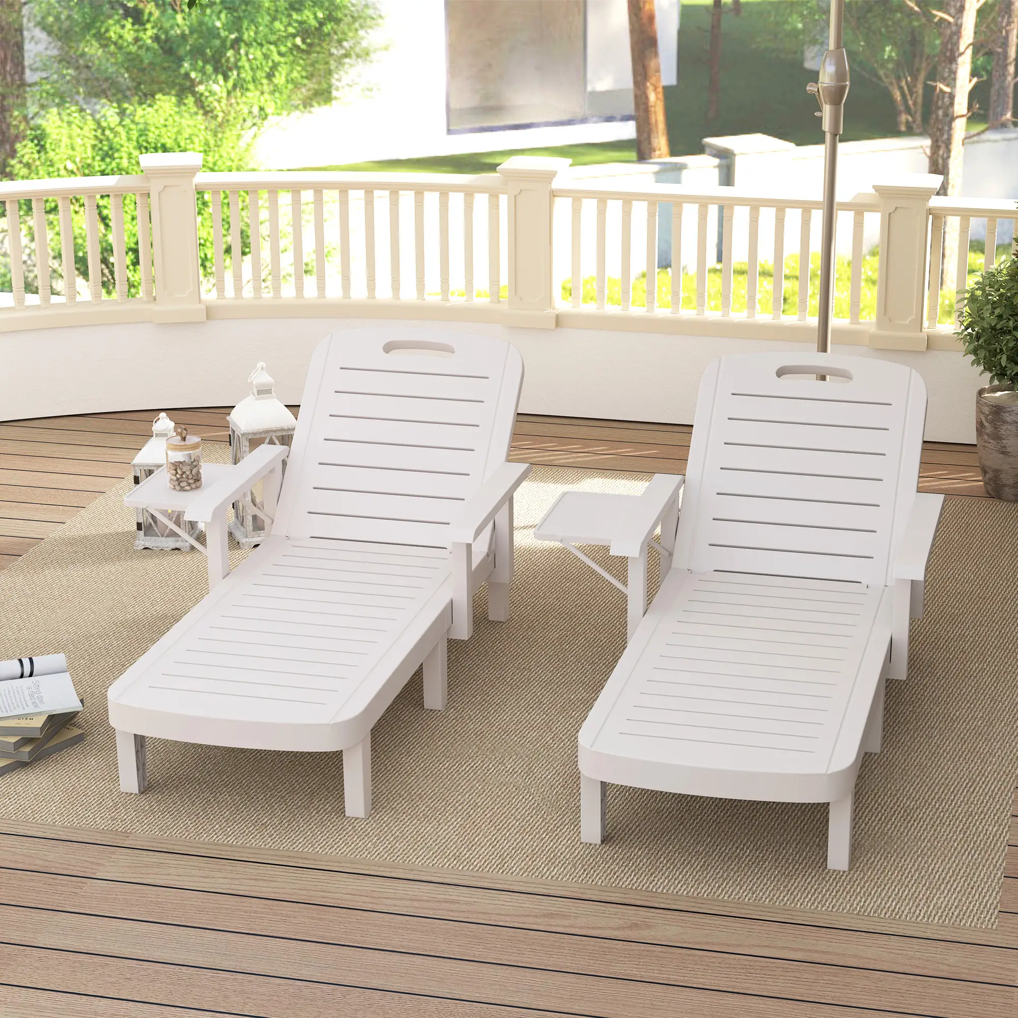 2 Tanning Chairs, 5 Position Adjustable, Foldable Side Table, White - Image 9