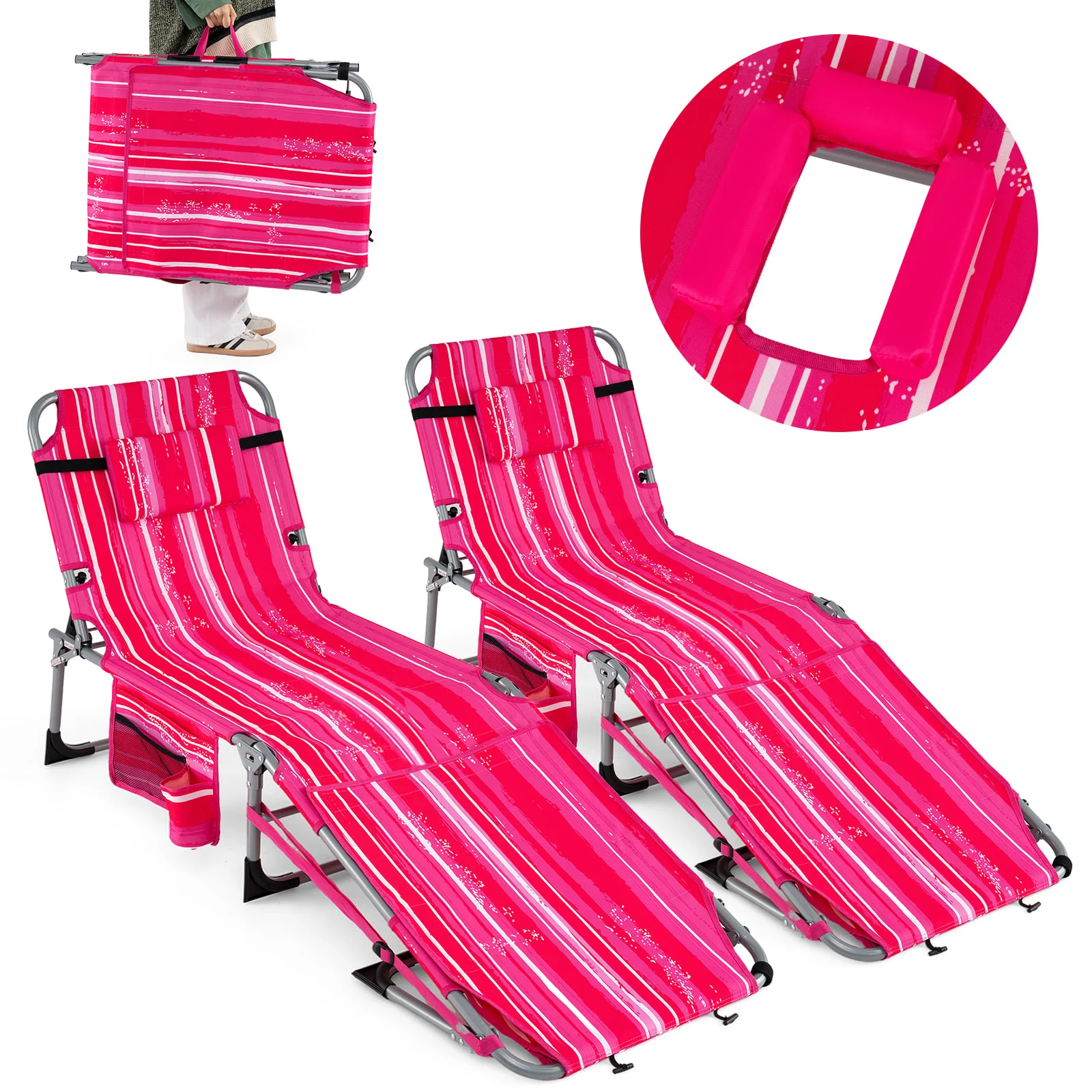 2 Tanning Chairs, Face Arm Holes, 4-Level Backrest Strip, Pink