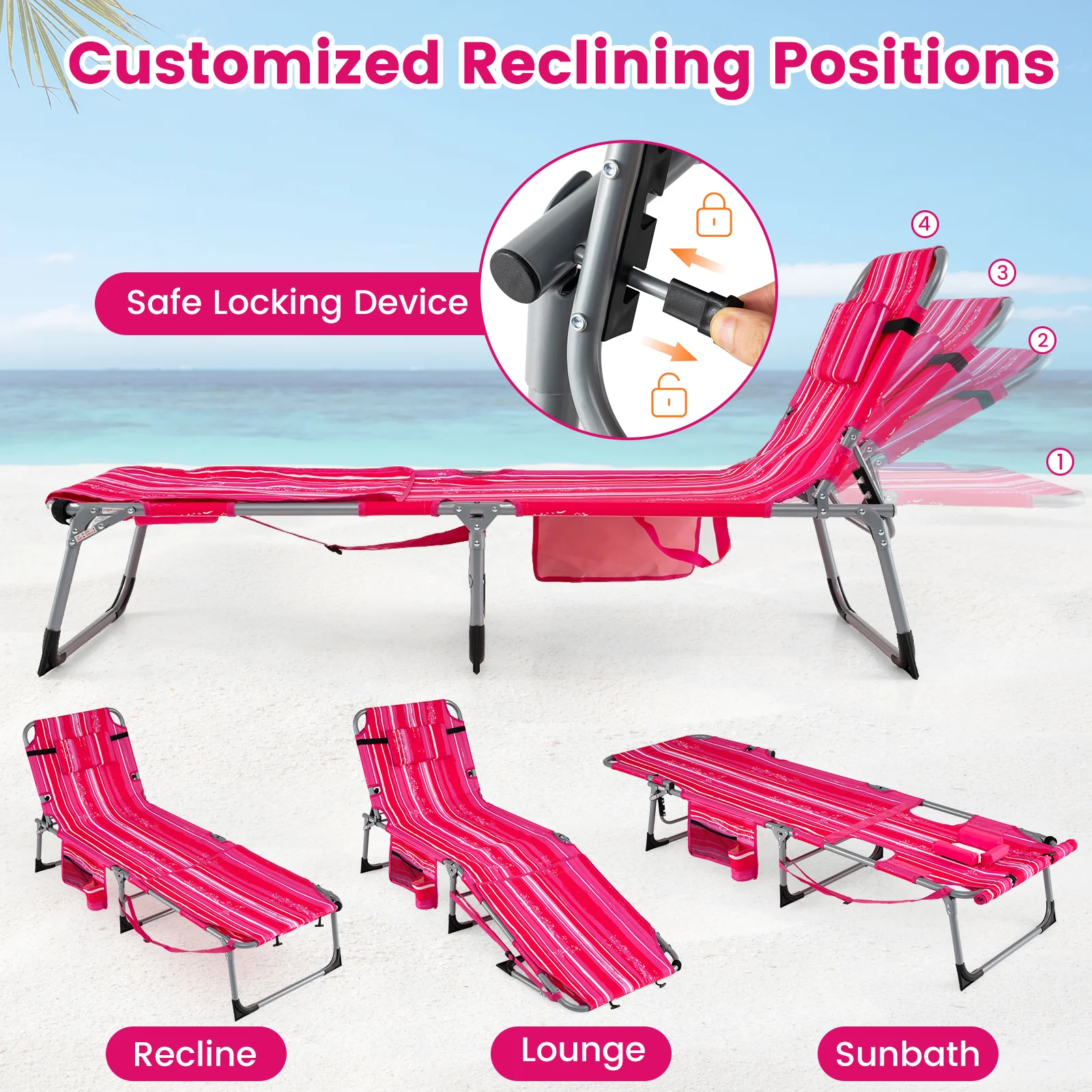 2 Tanning Chairs, Face Arm Holes, 4-Level Backrest Strip, Pink - Image 6