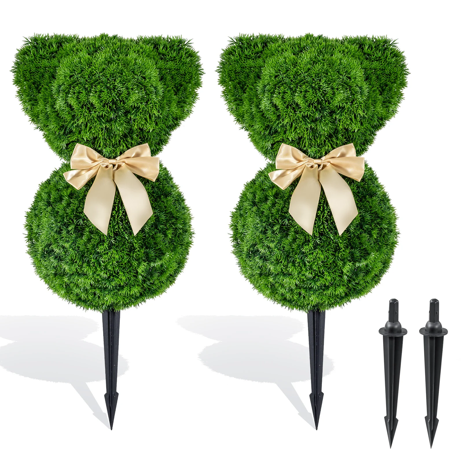 2 Teddy Bear Topiary Trees, Sun-Resistant Faux Boxwood Plants With Bowknot