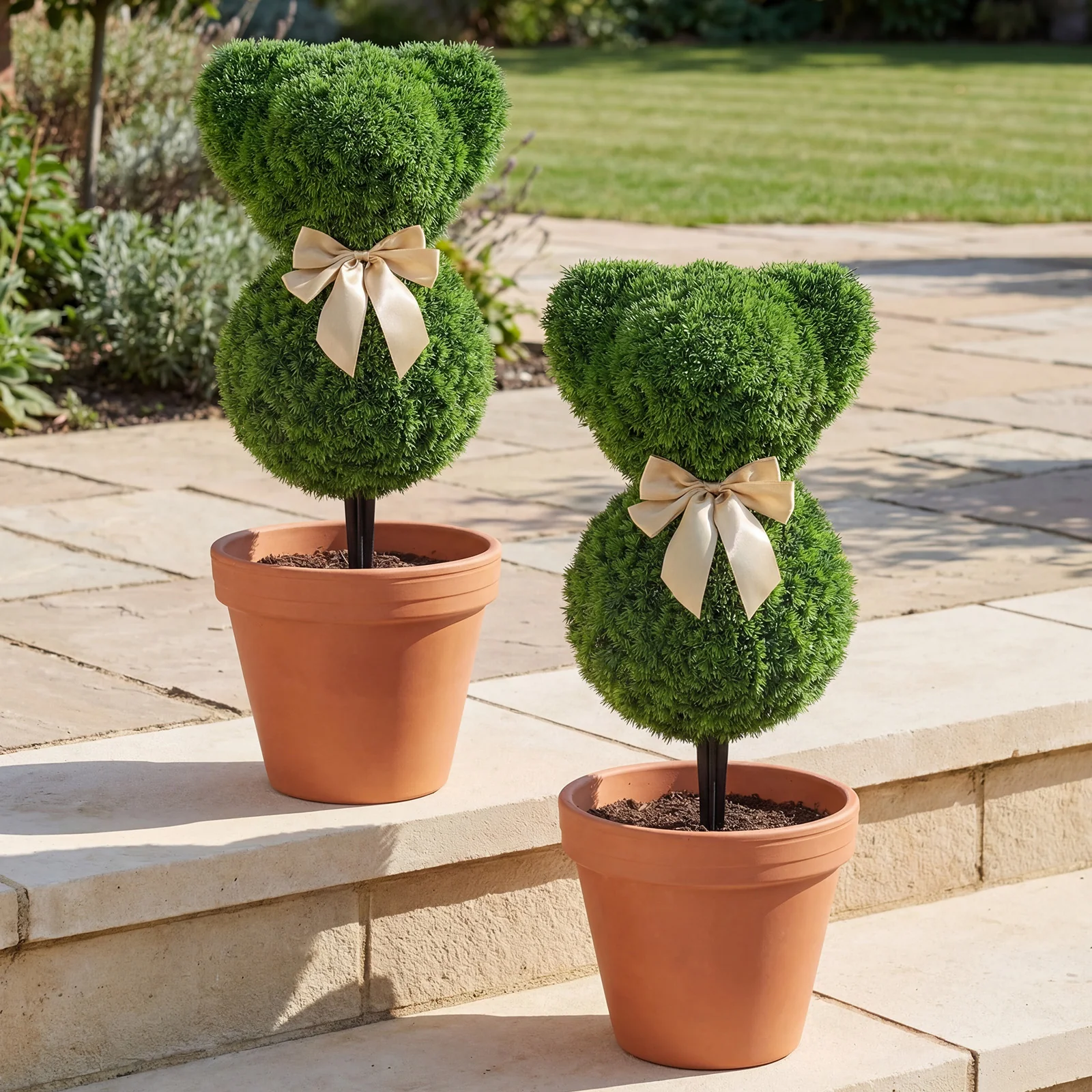 2 Teddy Bear Topiary Trees, Sun-Resistant Faux Boxwood Plants With Bowknot - Image 2