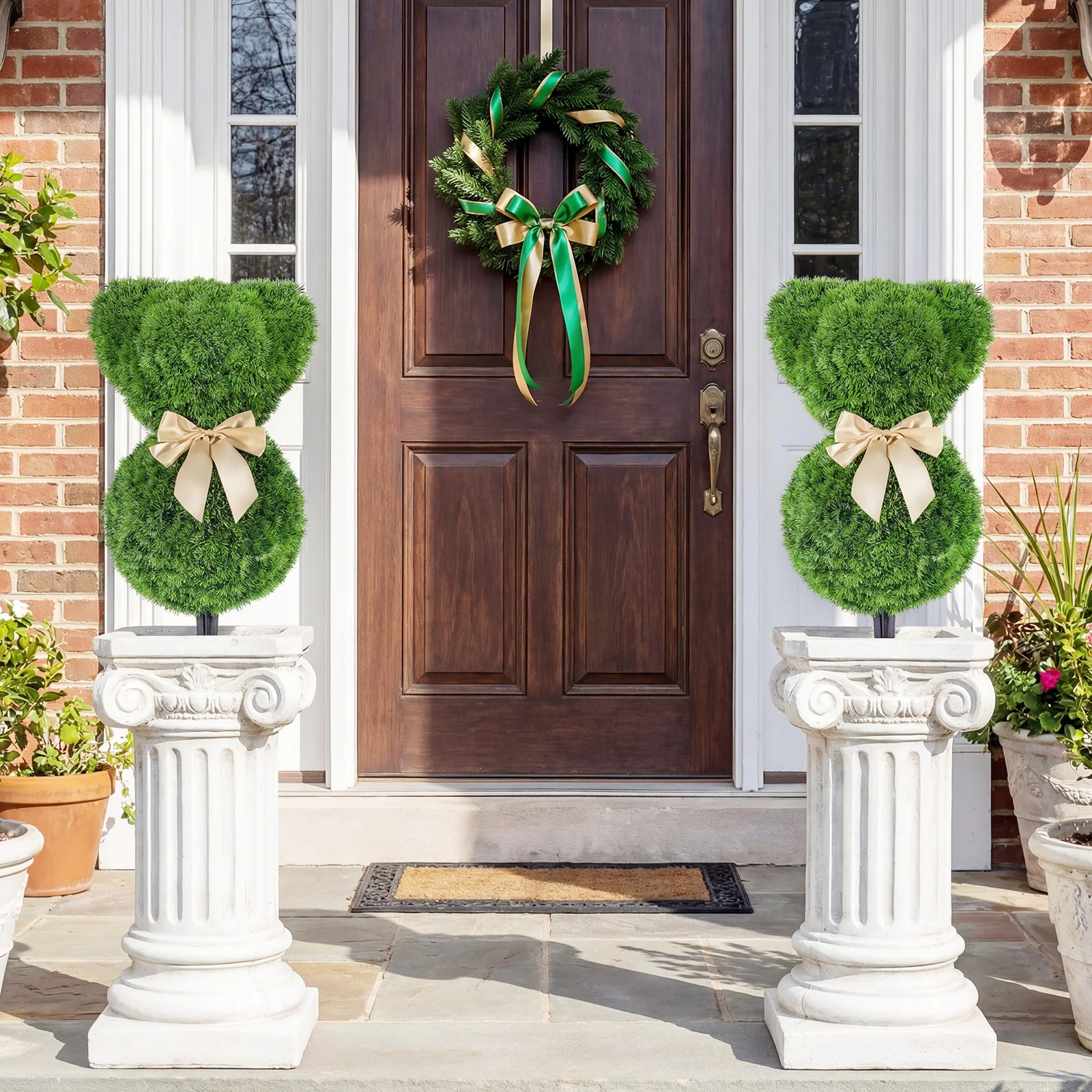 2 Teddy Bear Topiary Trees, Sun-Resistant Faux Boxwood Plants With Bowknot - Image 3