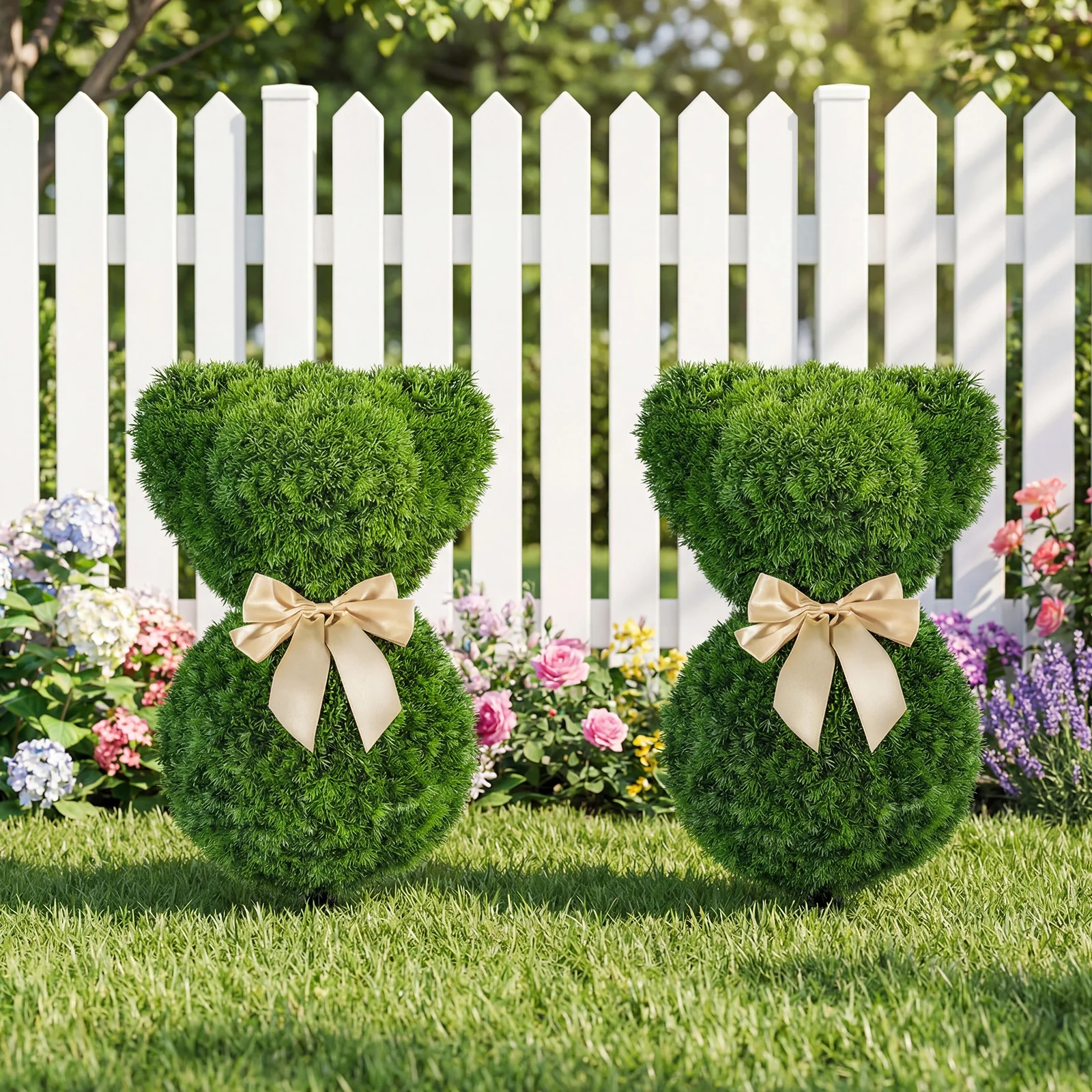 2 Teddy Bear Topiary Trees, Sun-Resistant Faux Boxwood Plants With Bowknot - Image 5