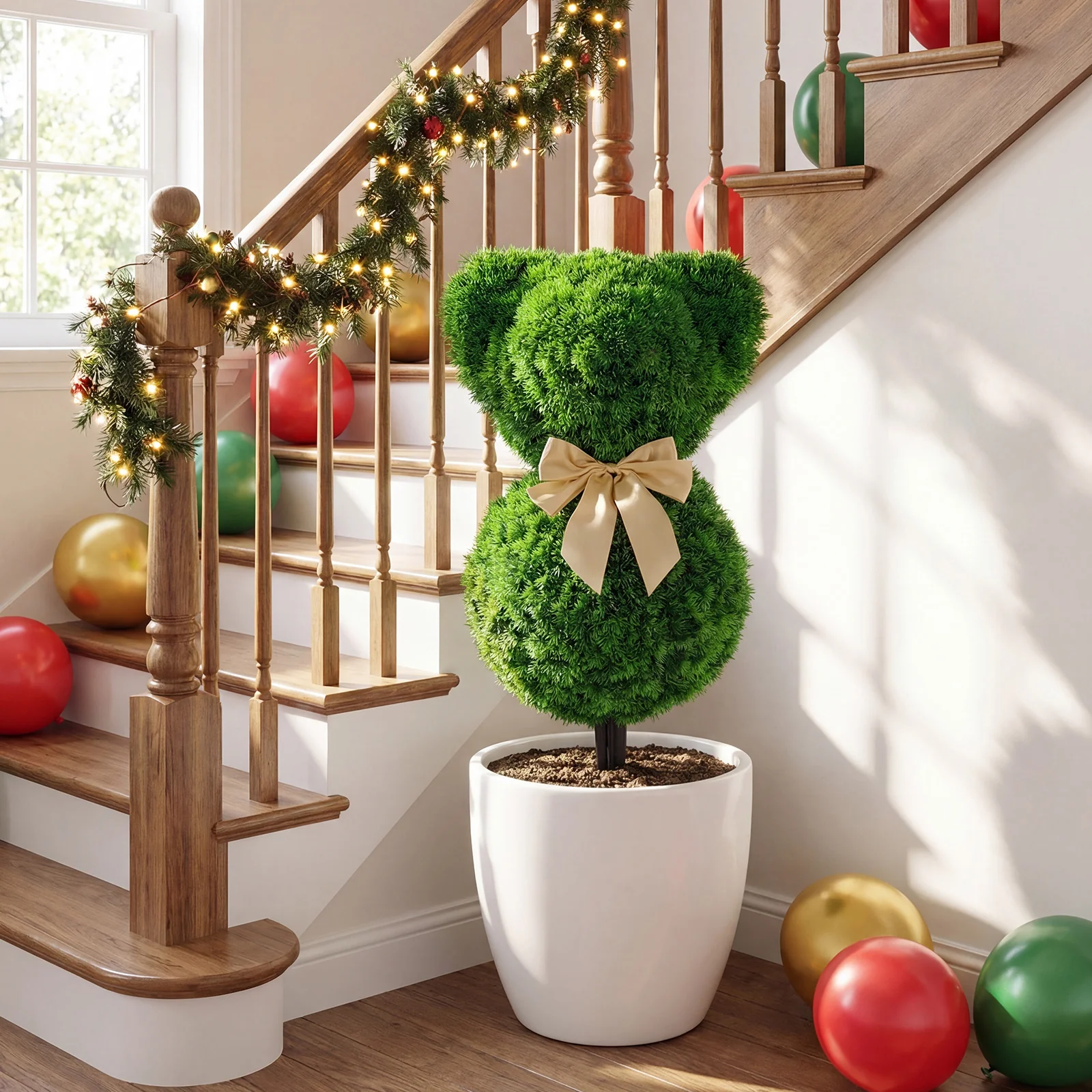 2 Teddy Bear Topiary Trees, Sun-Resistant Faux Boxwood Plants With Bowknot - Image 6