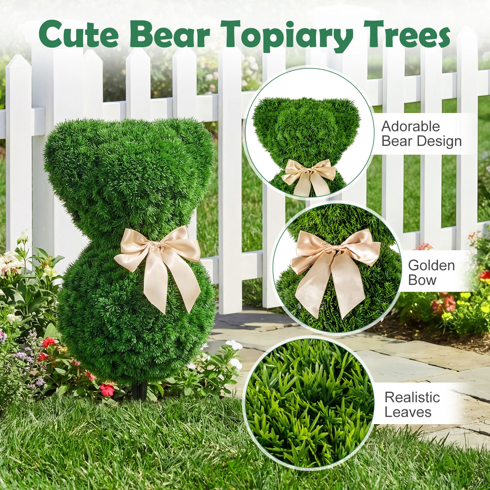 2 Teddy Bear Topiary Trees, Sun-Resistant Faux Boxwood Plants With Bowknot - Image 7
