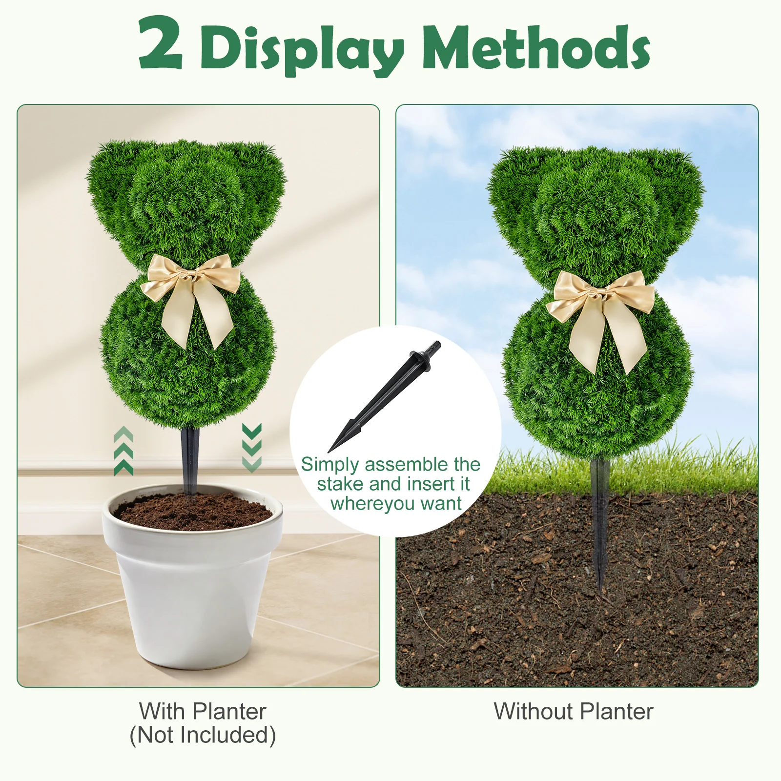2 Teddy Bear Topiary Trees, Sun-Resistant Faux Boxwood Plants With Bowknot - Image 8
