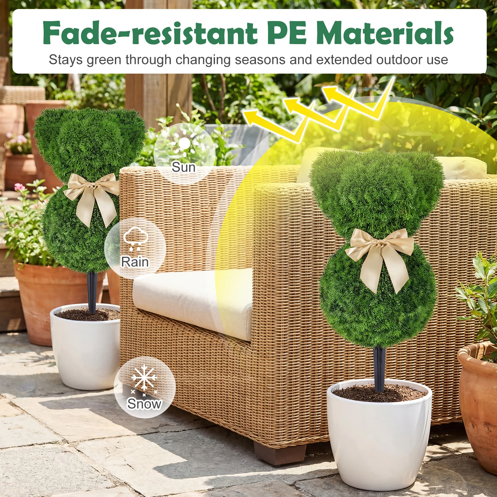 2 Teddy Bear Topiary Trees, Sun-Resistant Faux Boxwood Plants With Bowknot - Image 9