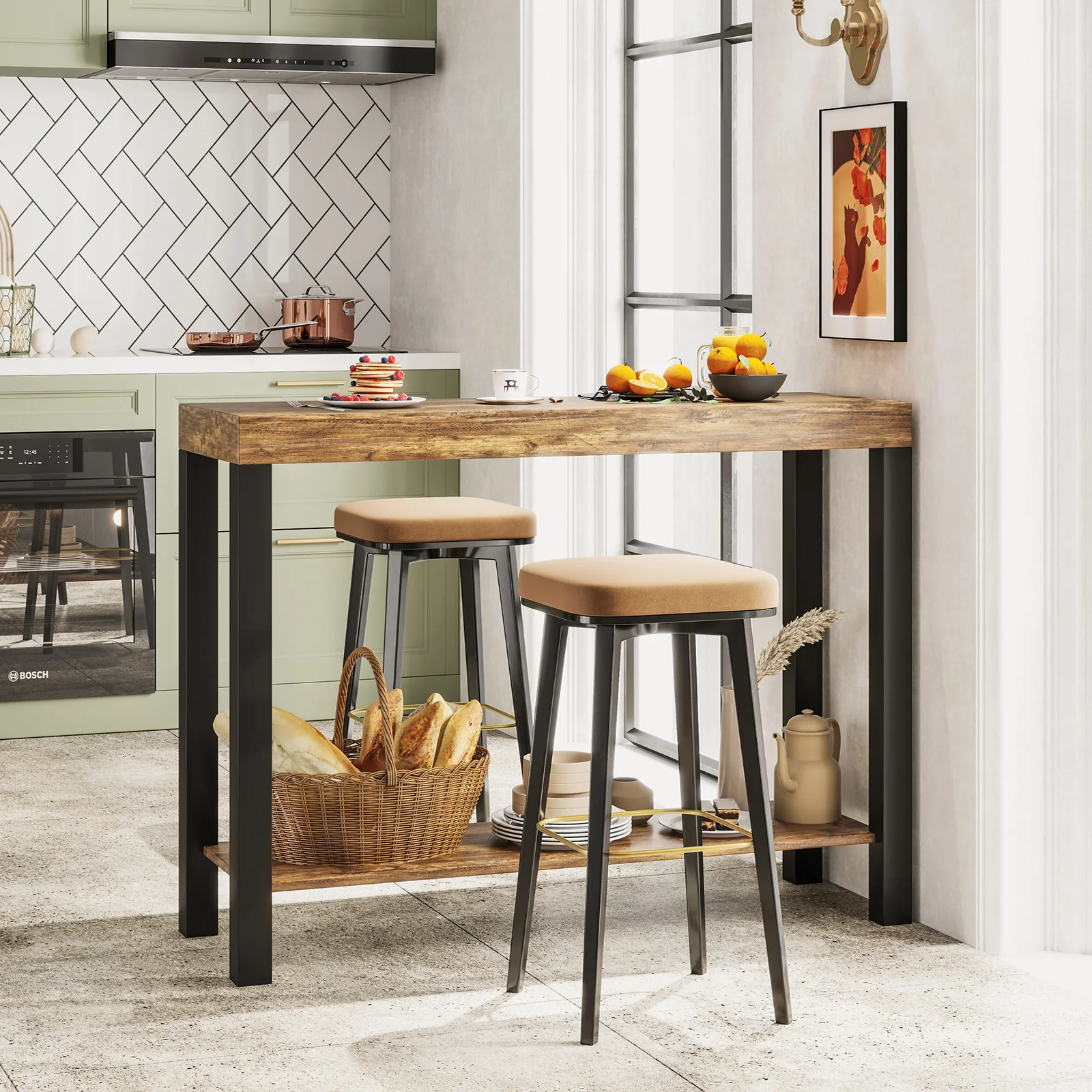 2-Tier Bar Table With Open Shelves, Rustic Brown - Image 7