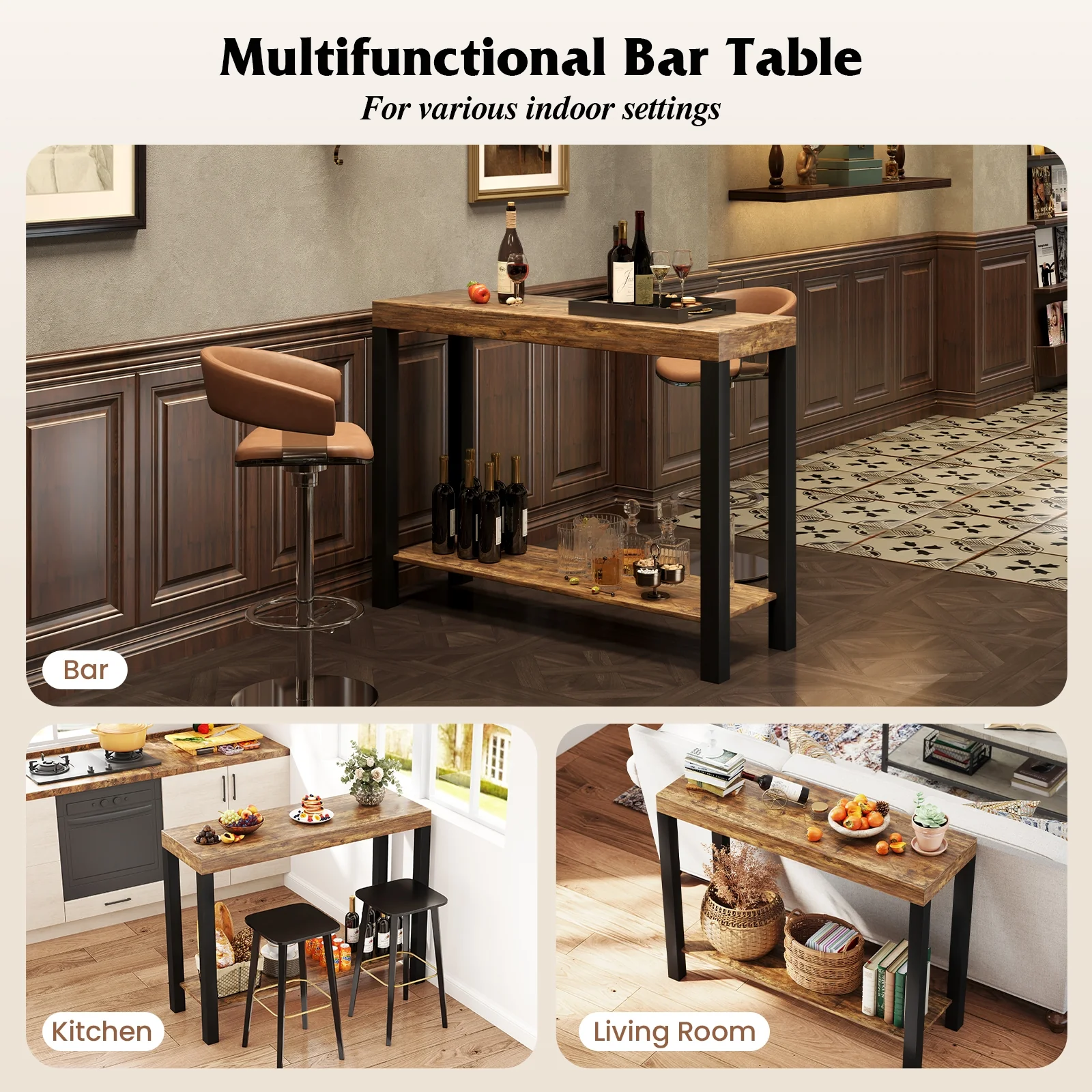 2-Tier Bar Table With Open Shelves, Rustic Brown - Image 8