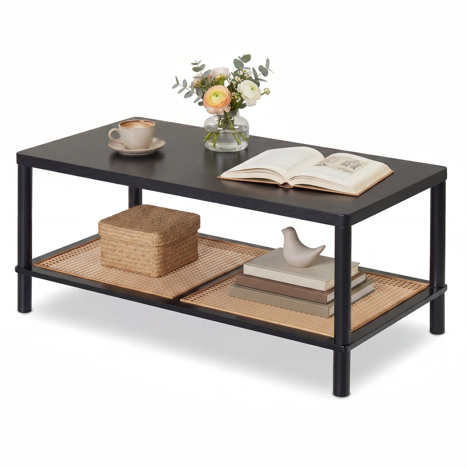 2-Tier Boho Coffee Table, Rubber Wood Frame, PVC Rattan Shelf, Black