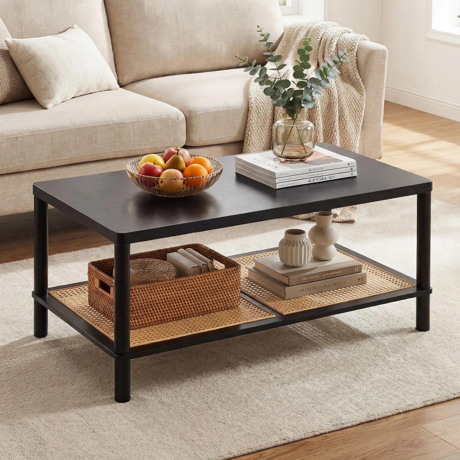 2-Tier Boho Coffee Table, Rubber Wood Frame, PVC Rattan Shelf, Black - Image 2