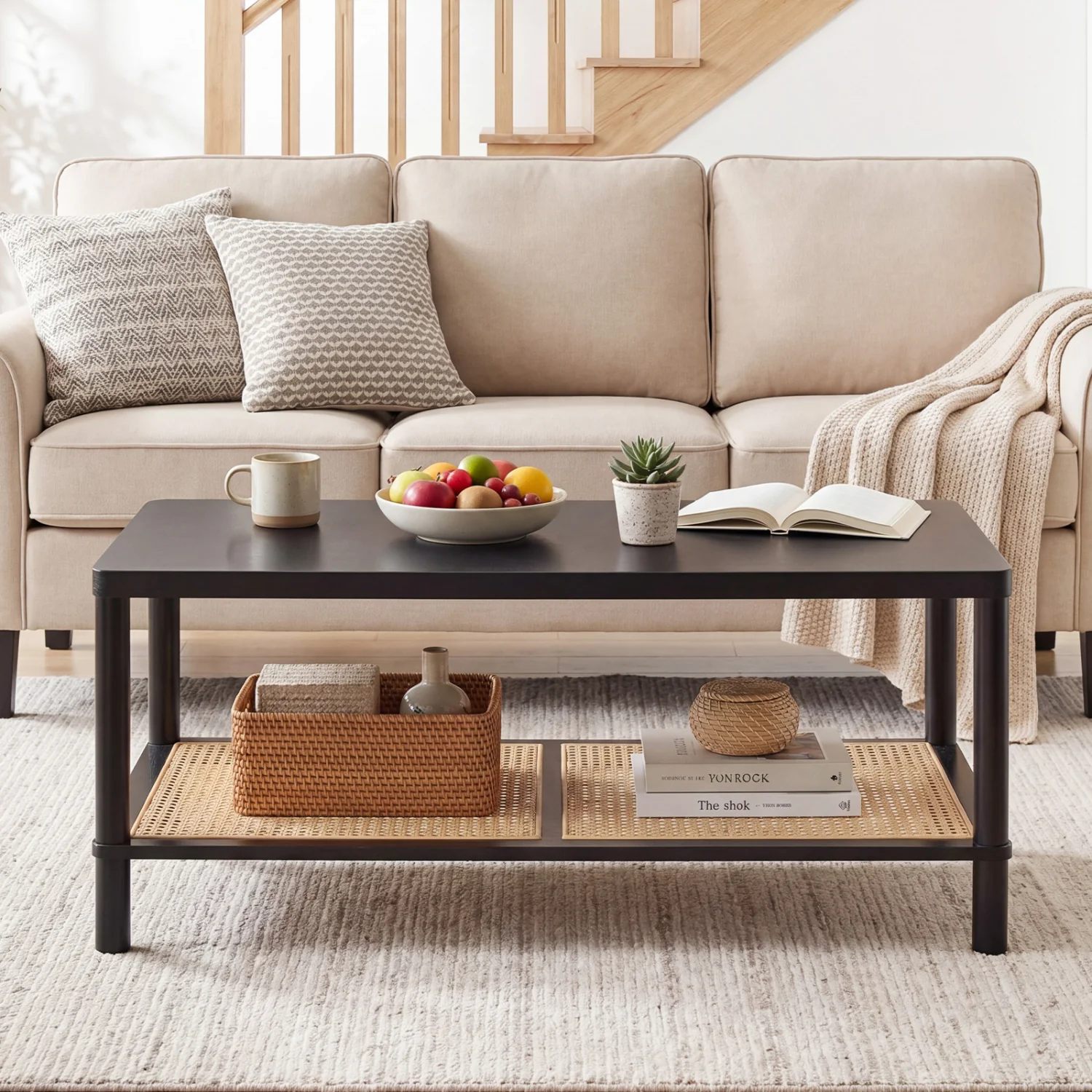 2-Tier Boho Coffee Table, Rubber Wood Frame, PVC Rattan Shelf, Black - Image 3