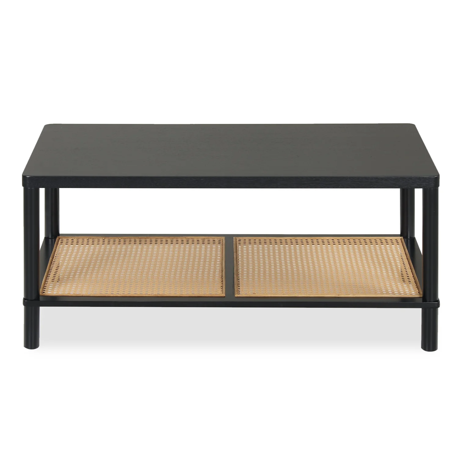 2-Tier Boho Coffee Table, Rubber Wood Frame, PVC Rattan Shelf, Black - Image 4