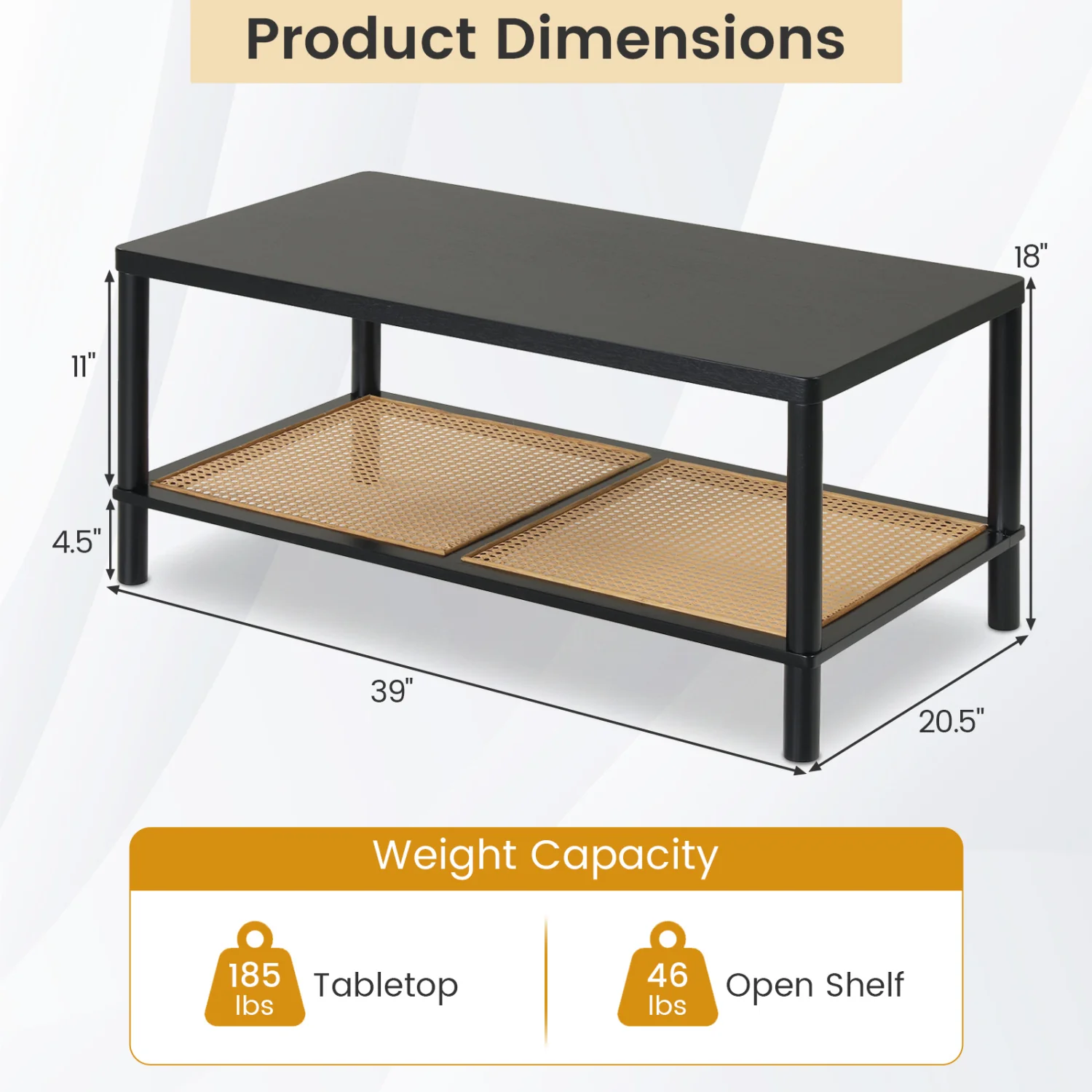 2-Tier Boho Coffee Table, Rubber Wood Frame, PVC Rattan Shelf, Black - Image 5