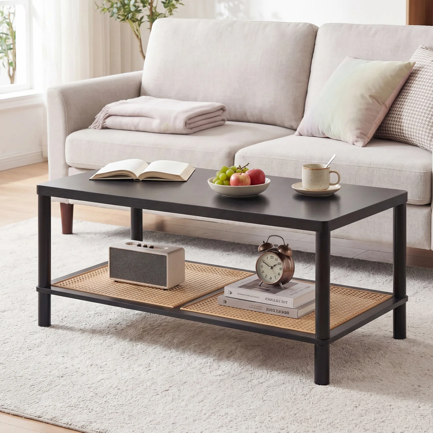 2-Tier Boho Coffee Table, Rubber Wood Frame, PVC Rattan Shelf, Black - Image 6