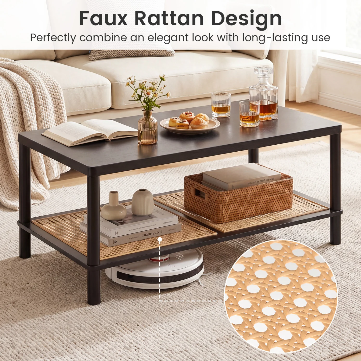 2-Tier Boho Coffee Table, Rubber Wood Frame, PVC Rattan Shelf, Black - Image 8