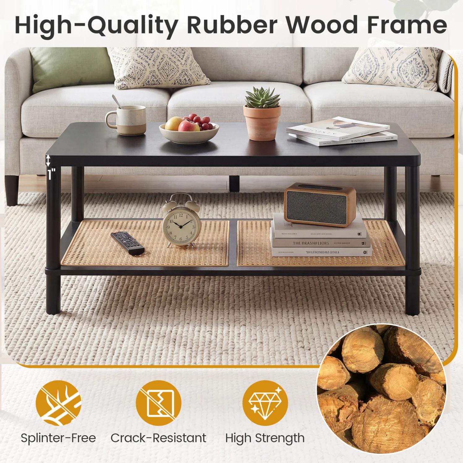 2-Tier Boho Coffee Table, Rubber Wood Frame, PVC Rattan Shelf, Black - Image 9