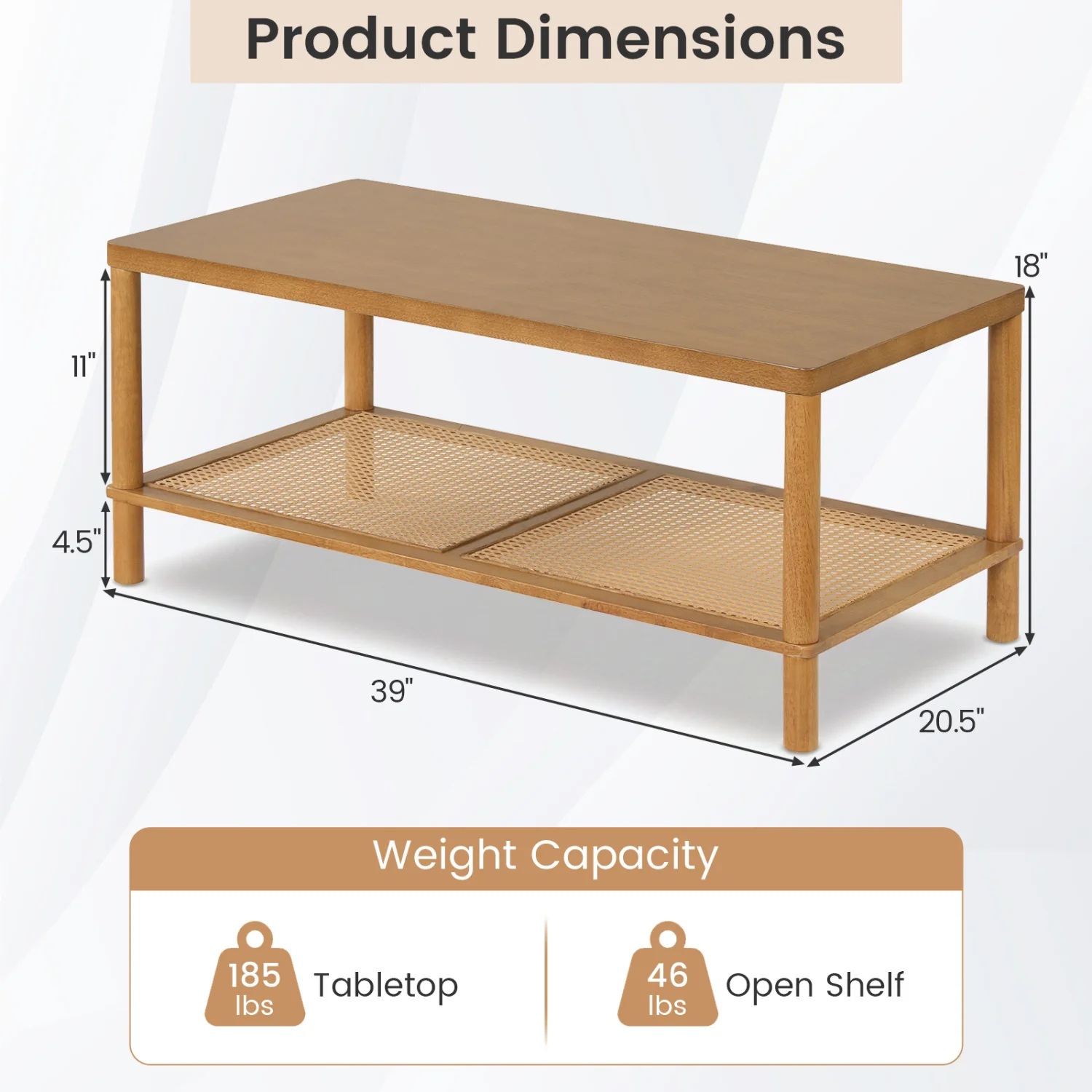 2-Tier Boho Coffee Table for Living Room Rectangular Center Table with Rubber Wood Frame and PVC Rattan Storage Shelf, Rustic Brown - Image 5