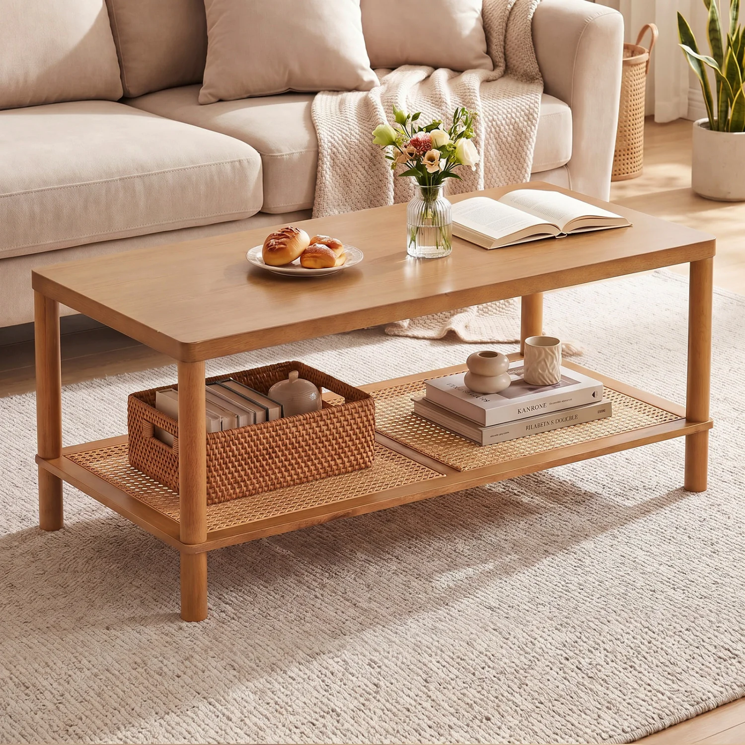 2-Tier Boho Coffee Table for Living Room Rectangular Center Table with Rubber Wood Frame and PVC Rattan Storage Shelf, Rustic Brown - Image 8