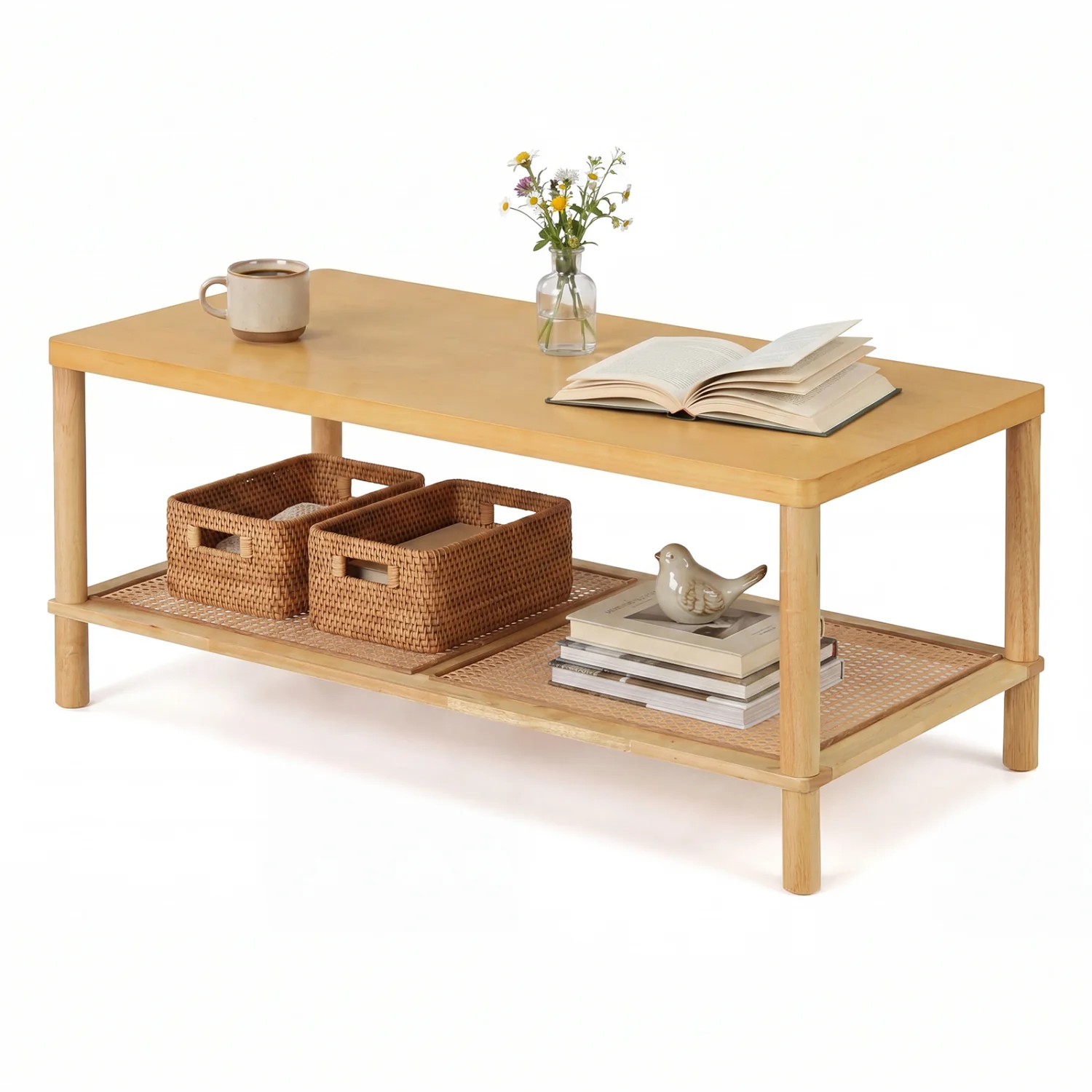2-Tier Boho Coffee Table, Rectangular, PVC Rattan Shelf, Rubber Wood, Natural