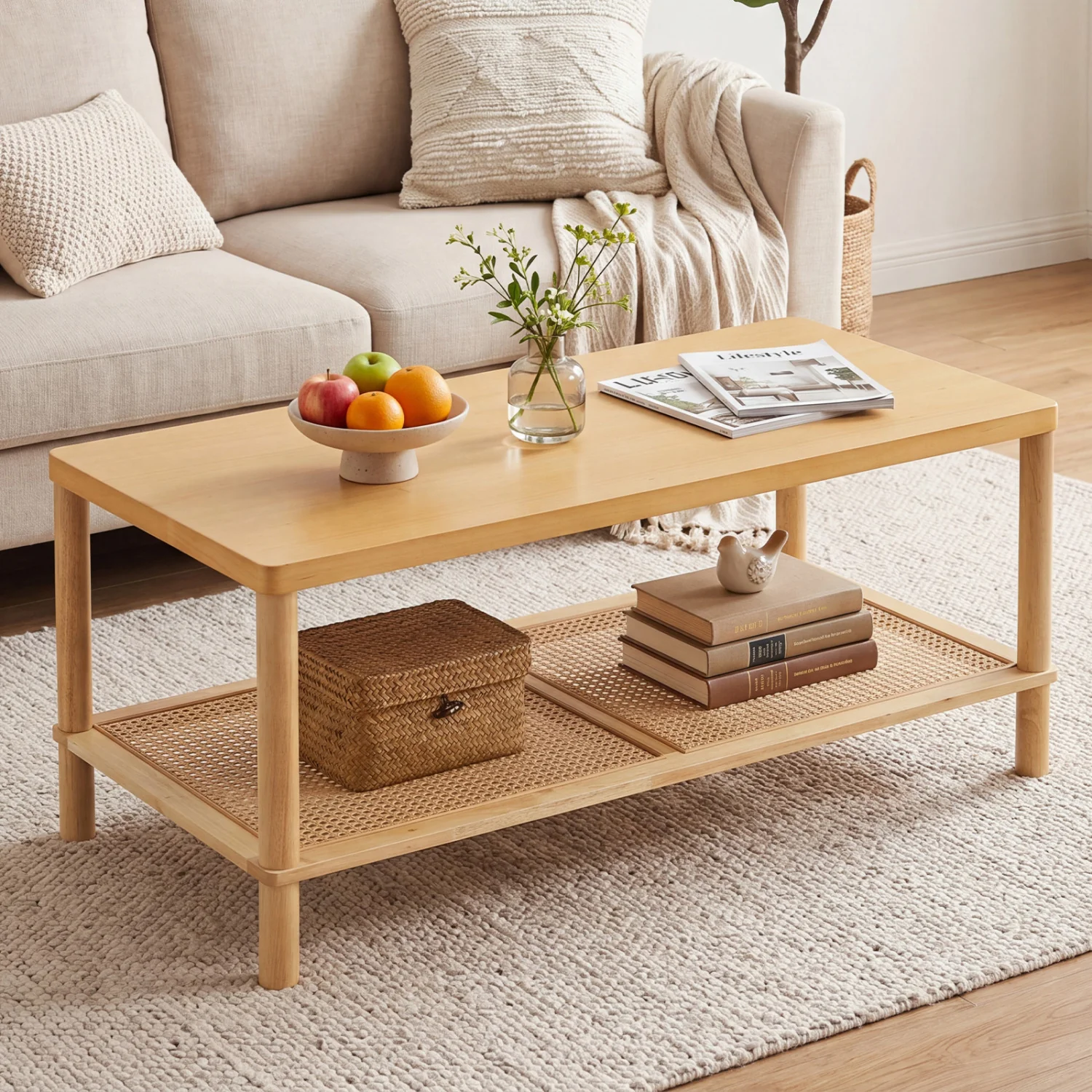 2-Tier Boho Coffee Table, Rectangular, PVC Rattan Shelf, Rubber Wood, Natural - Image 2