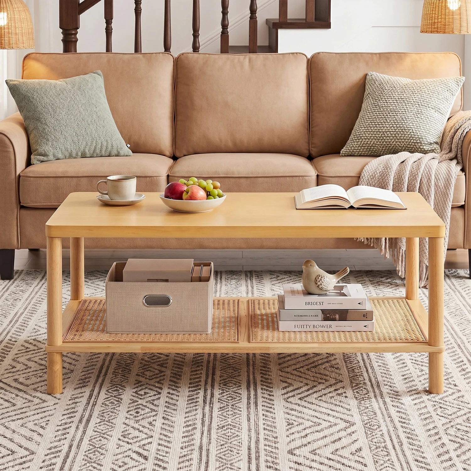 2-Tier Boho Coffee Table, Rectangular, PVC Rattan Shelf, Rubber Wood, Natural - Image 3