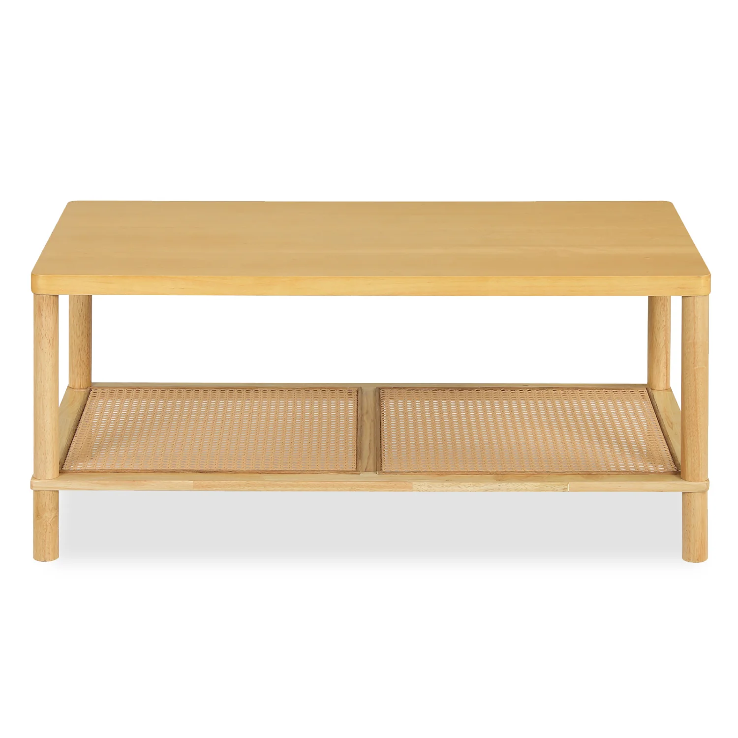 2-Tier Boho Coffee Table, Rectangular, PVC Rattan Shelf, Rubber Wood, Natural - Image 4