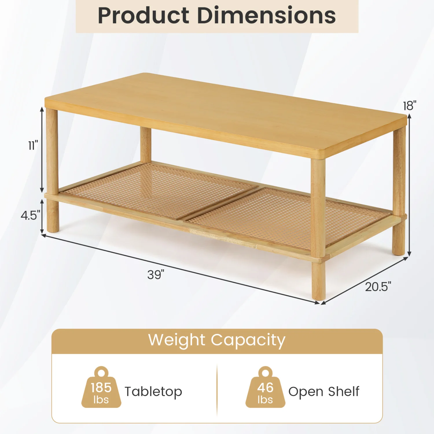 2-Tier Boho Coffee Table, Rectangular, PVC Rattan Shelf, Rubber Wood, Natural - Image 5