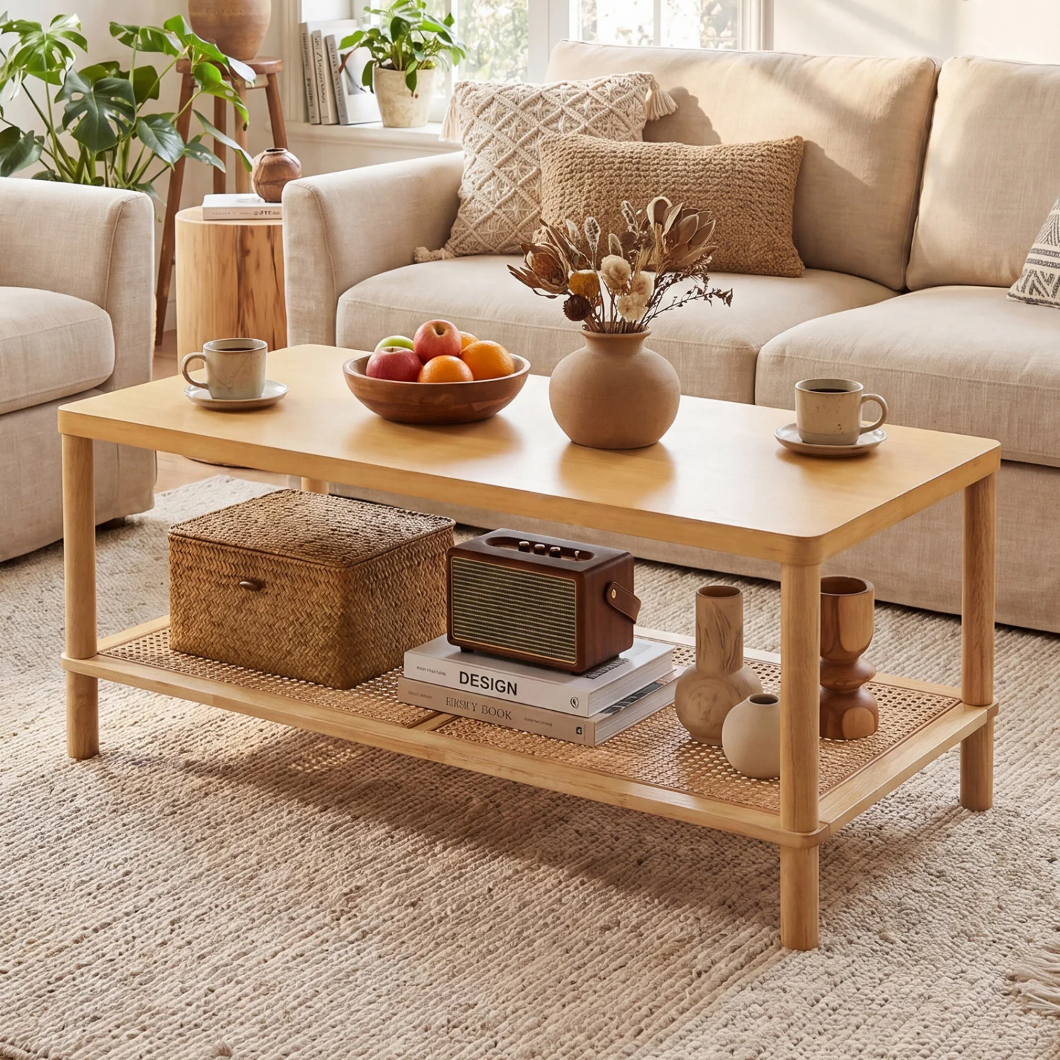 2-Tier Boho Coffee Table, Rectangular, PVC Rattan Shelf, Rubber Wood, Natural - Image 6