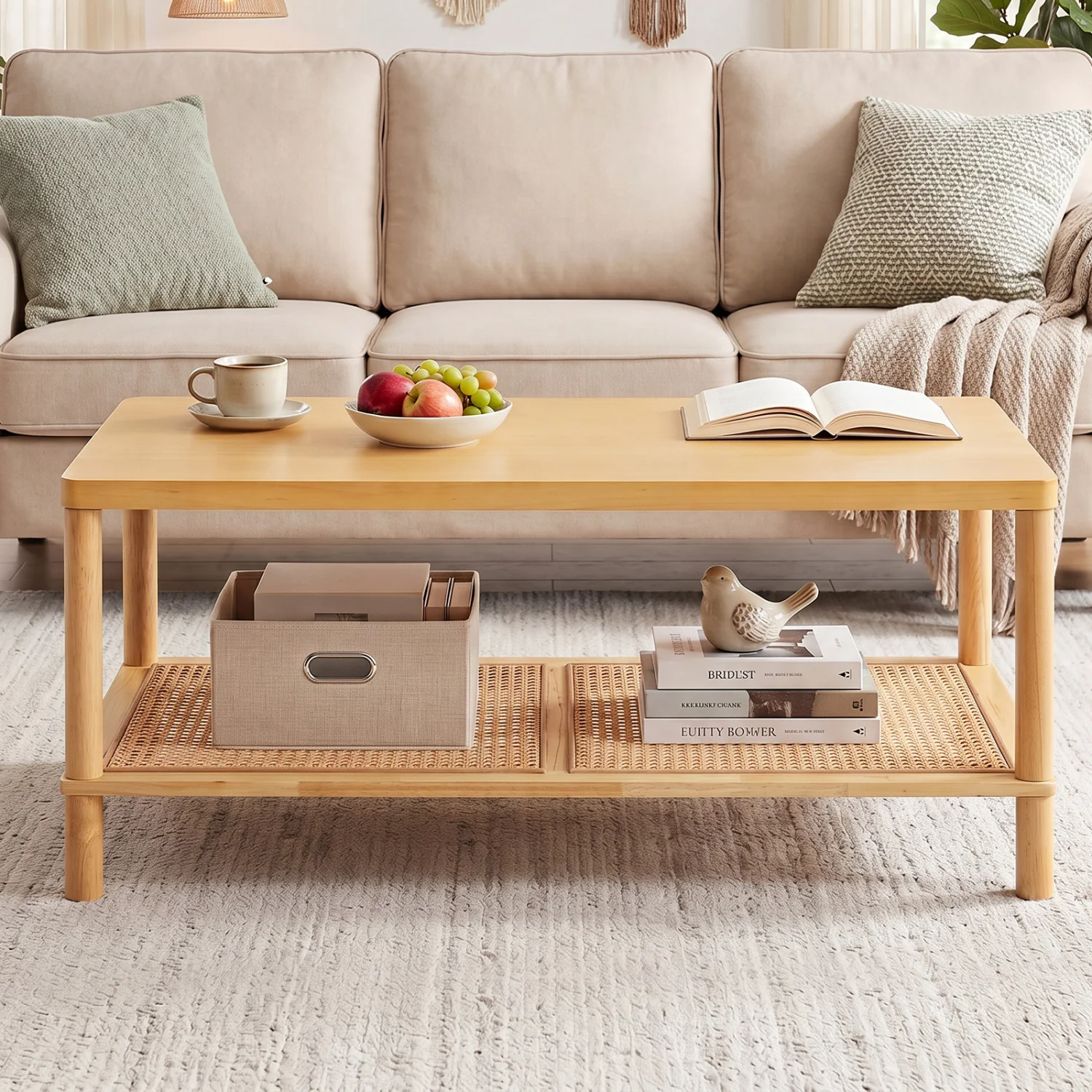 2-Tier Boho Coffee Table, Rectangular, PVC Rattan Shelf, Rubber Wood, Natural - Image 7