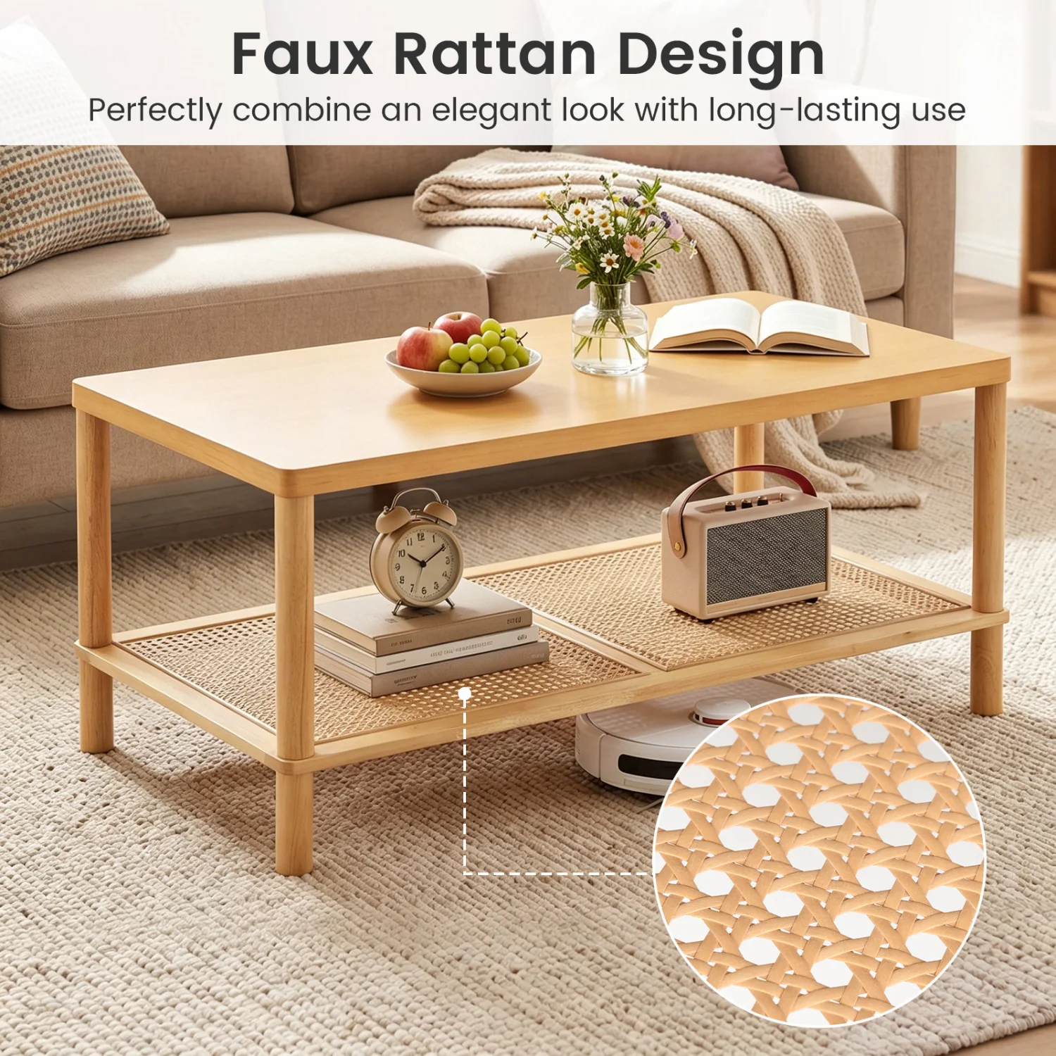 2-Tier Boho Coffee Table, Rectangular, PVC Rattan Shelf, Rubber Wood, Natural - Image 8