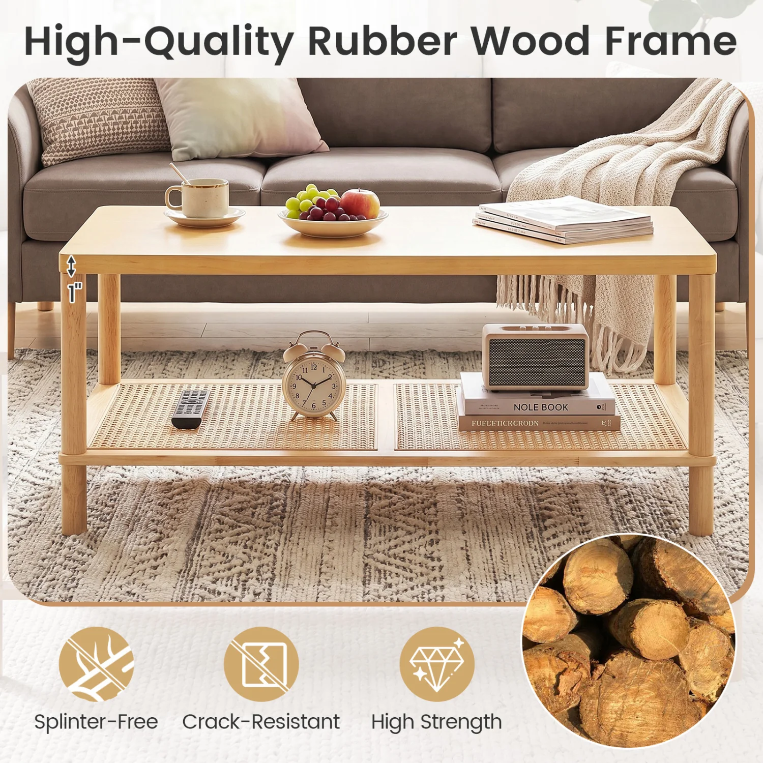 2-Tier Boho Coffee Table, Rectangular, PVC Rattan Shelf, Rubber Wood, Natural - Image 9
